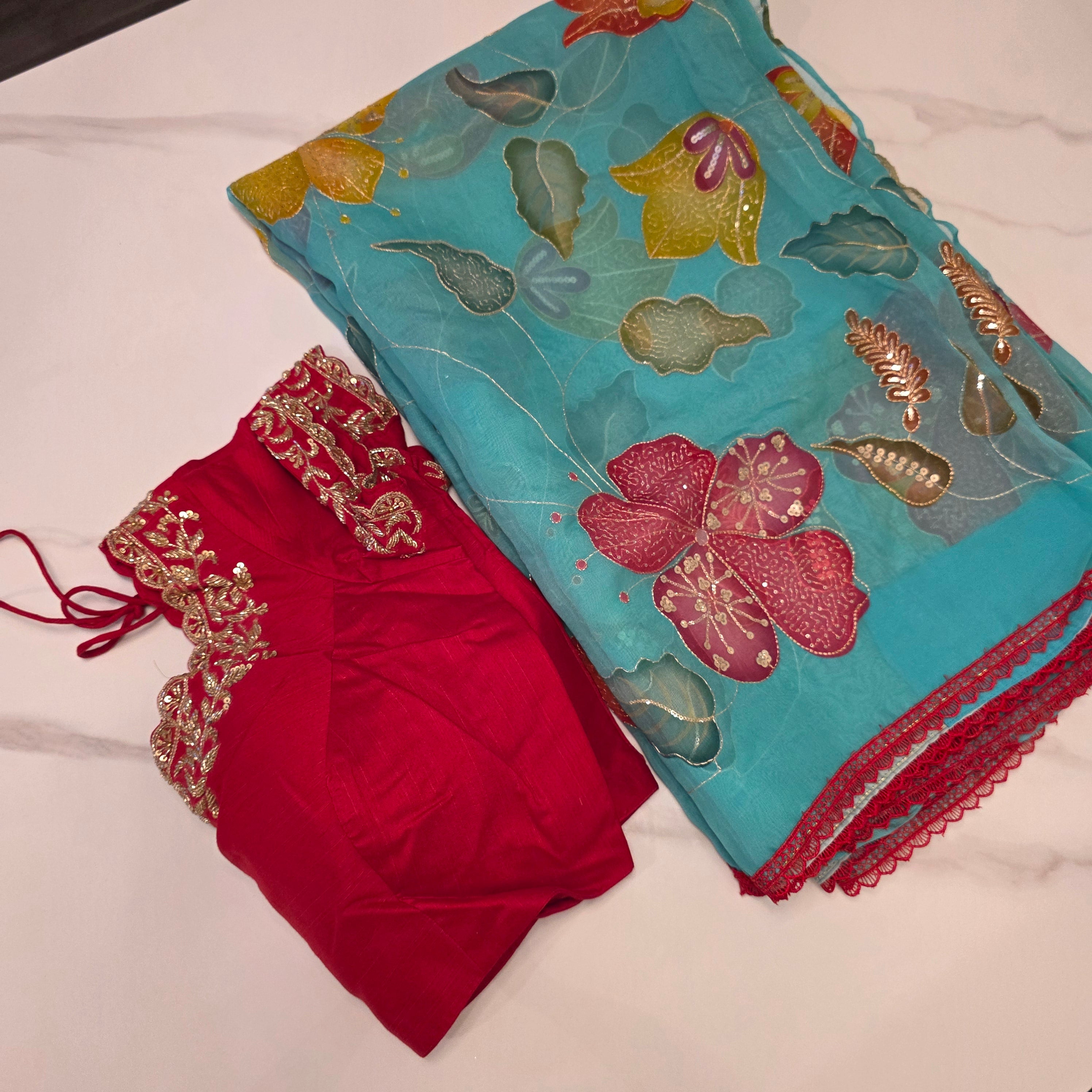 Teal Blue Oraganza Saree -Latest and Trendy with Floral Hibiscus theme paired with cute short sleeve blouse