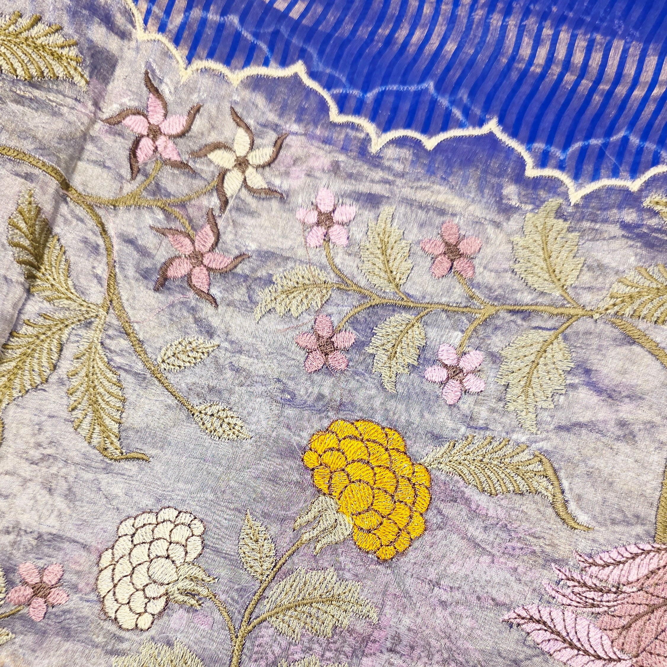 Navy Blue Banaras Tissue Stripes Saree With Applique Work