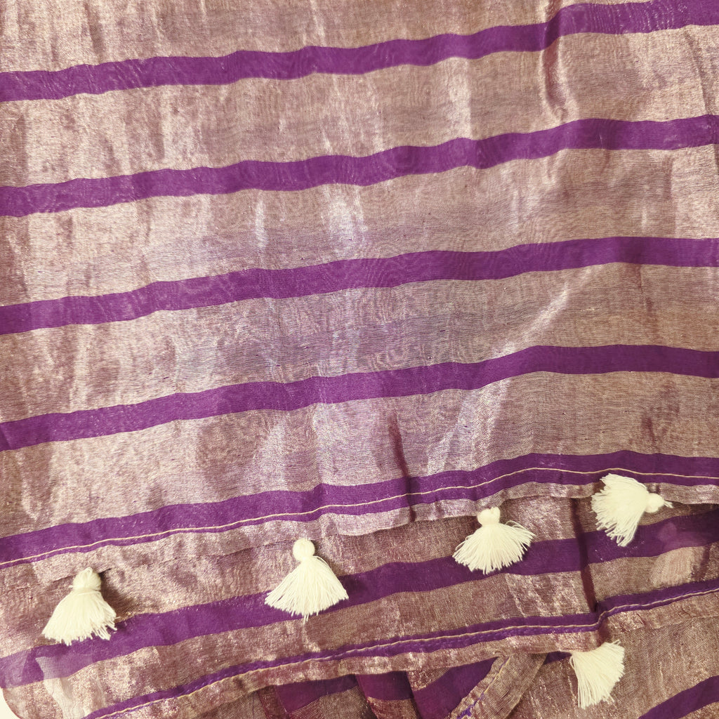 Violet Viscious Organza Stripes Saree With Leaf pattern mottifs paired with Net designer blouse