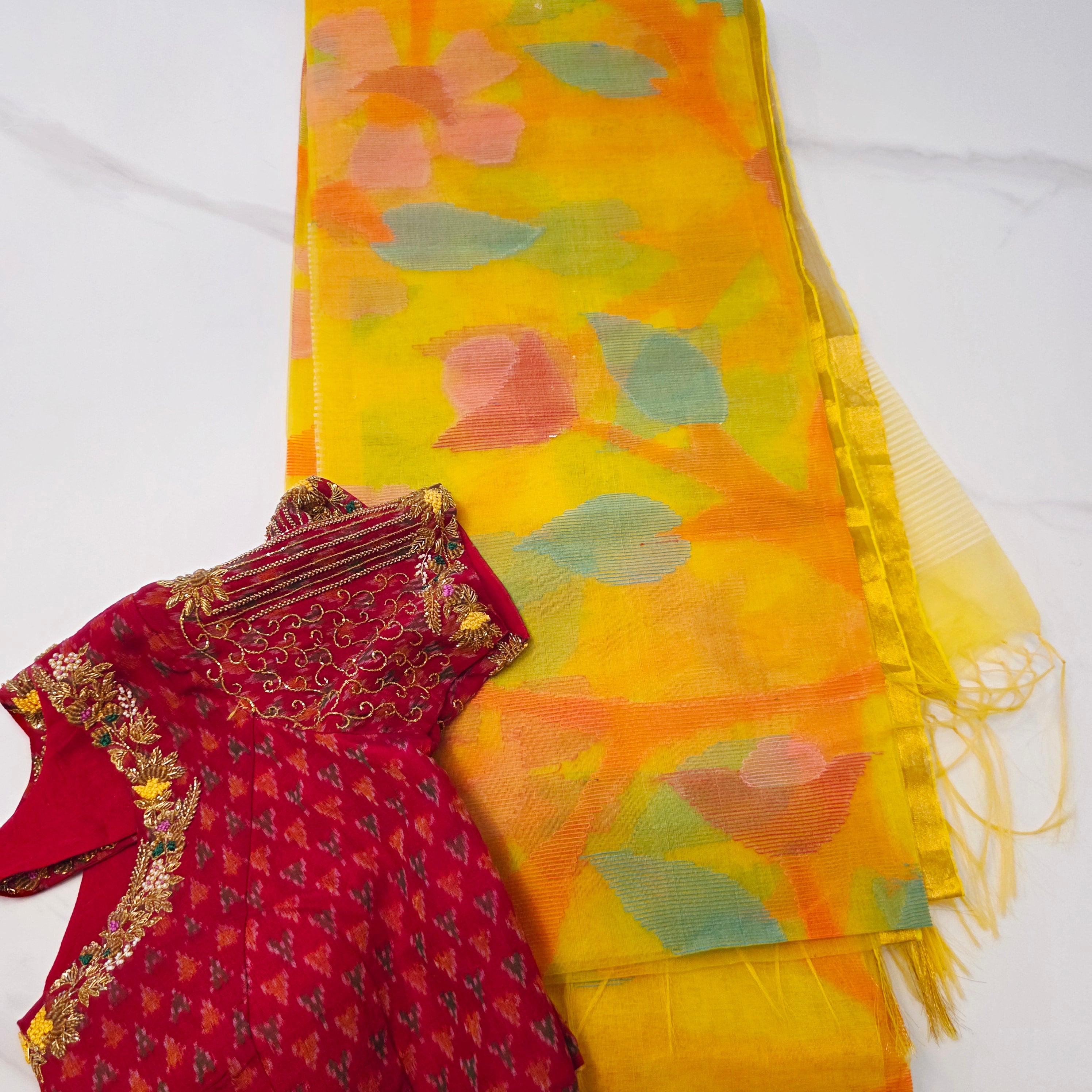 Yellow Maslin Jamdani with Patola Blouse