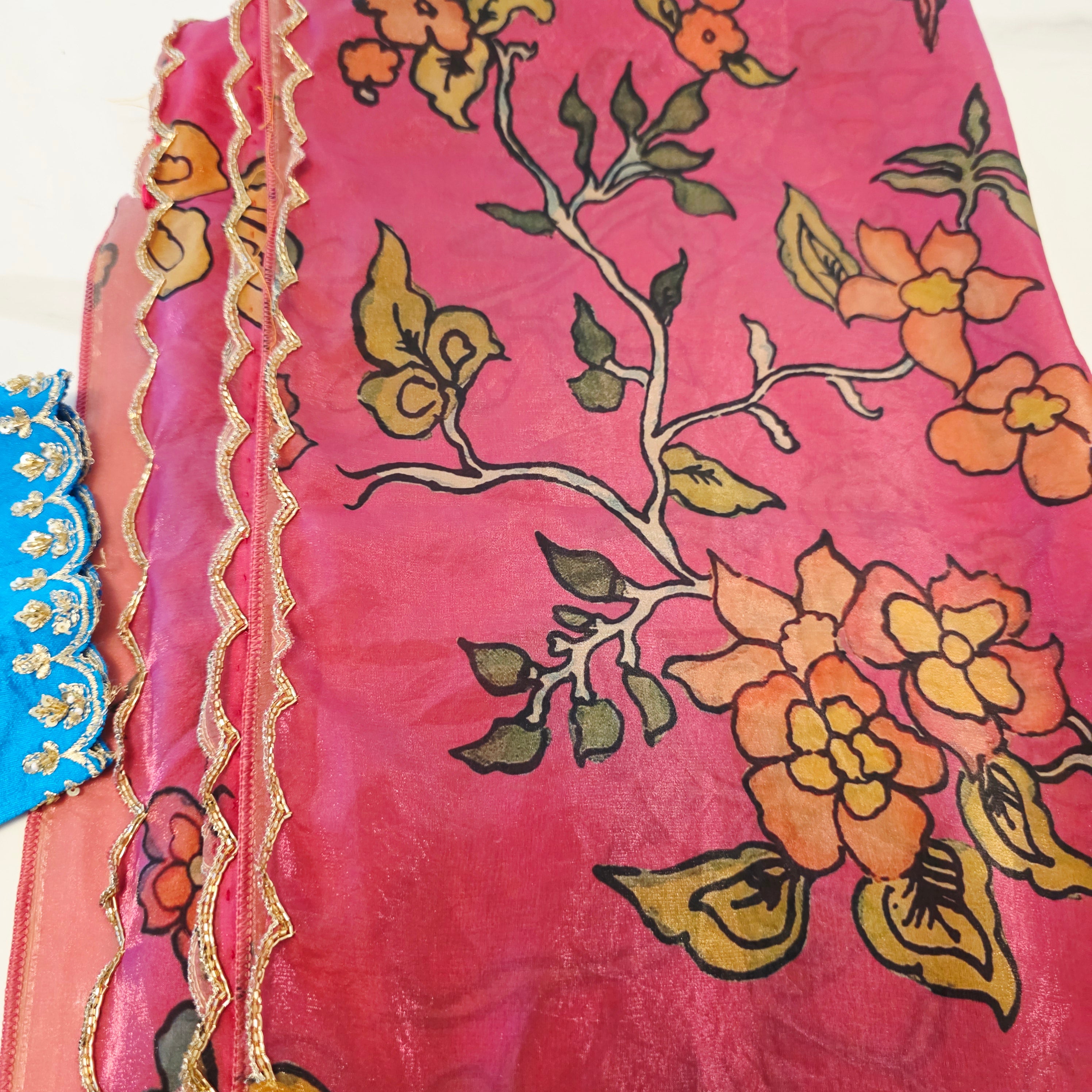Beautiful Pink Crape silk Saree With Cutwork Border and Jacket Style blouse