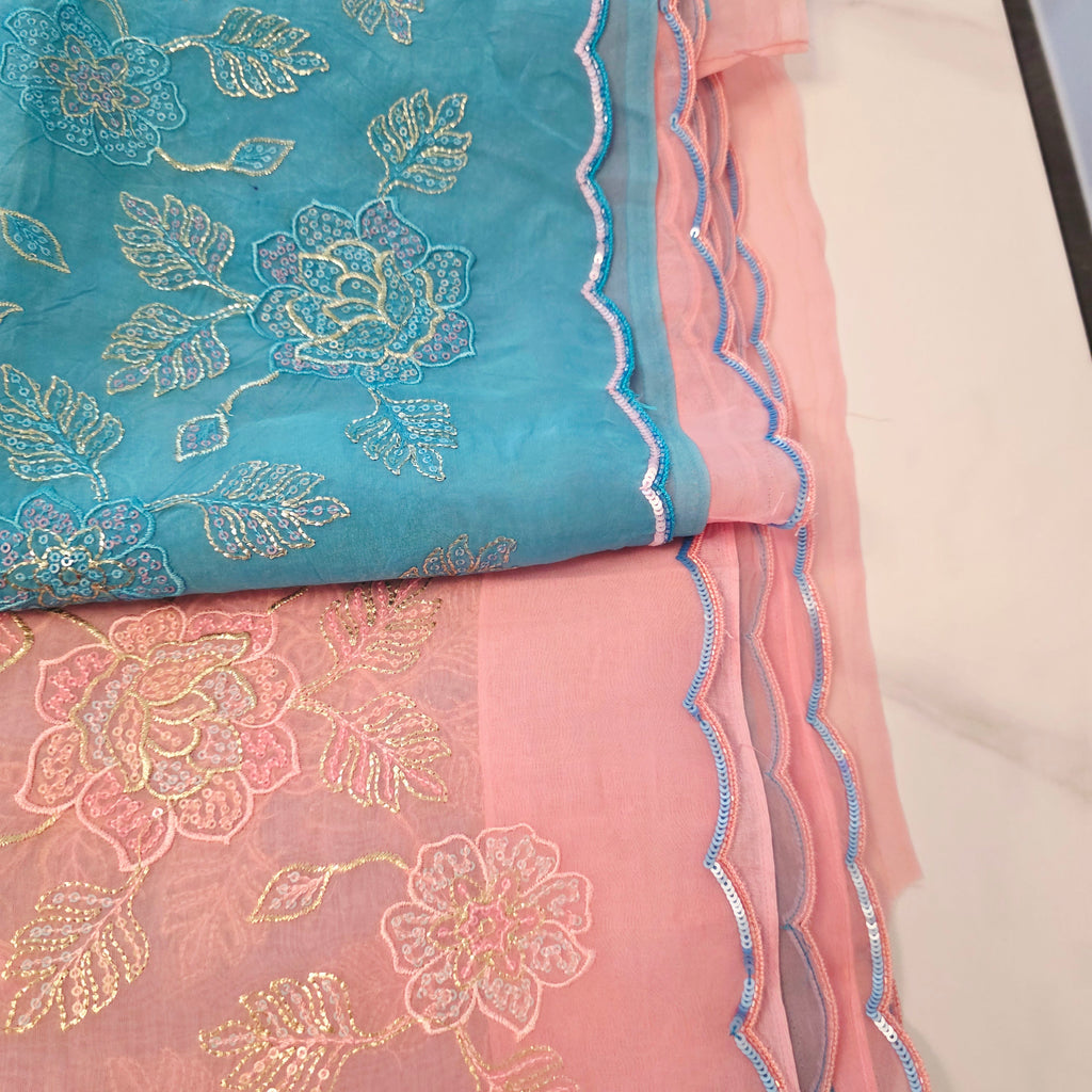 Pink and Blue Designer Saree with trending sleeves blouse.