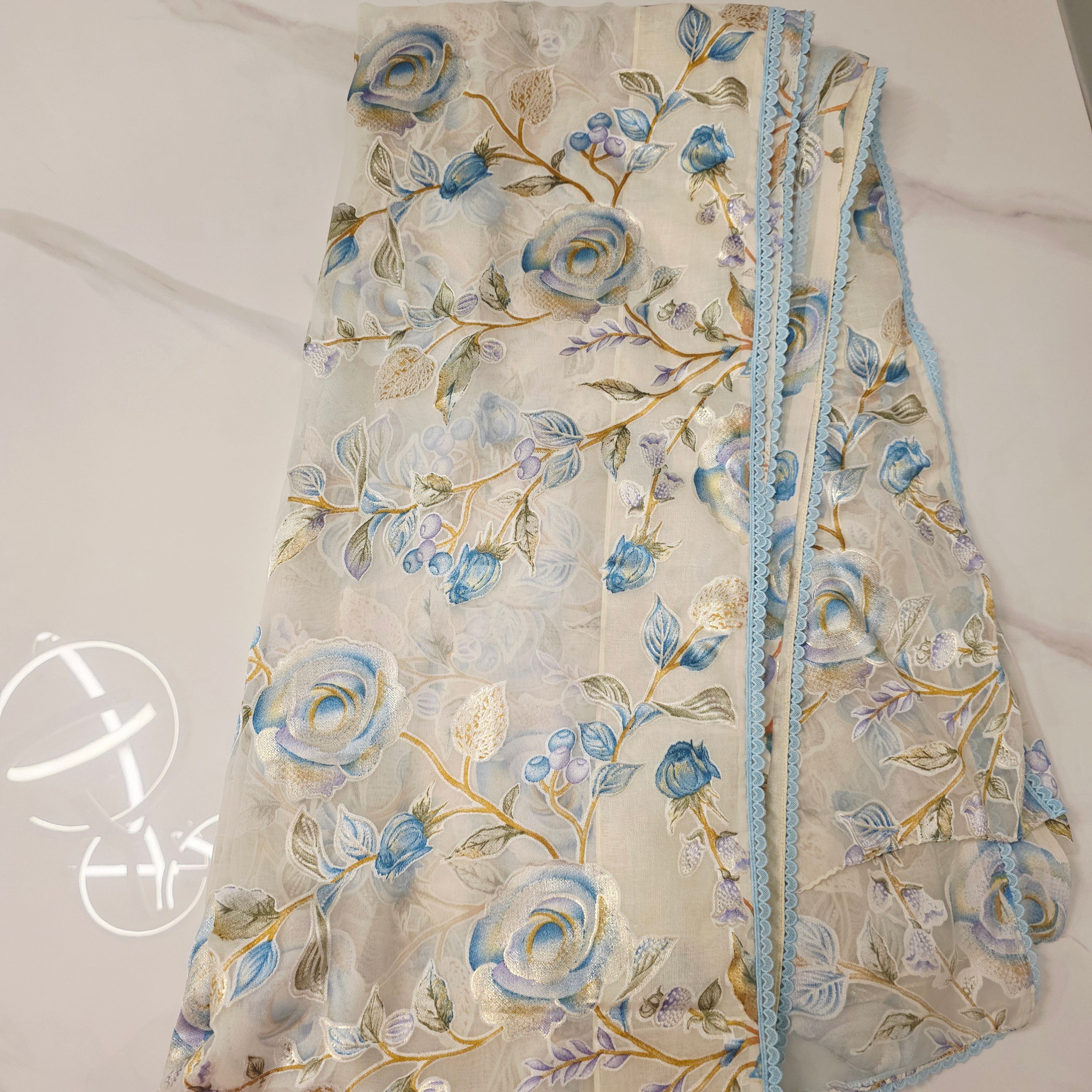 White and Blue Brasso Saree with Rawsilk Maggamwork Blouse