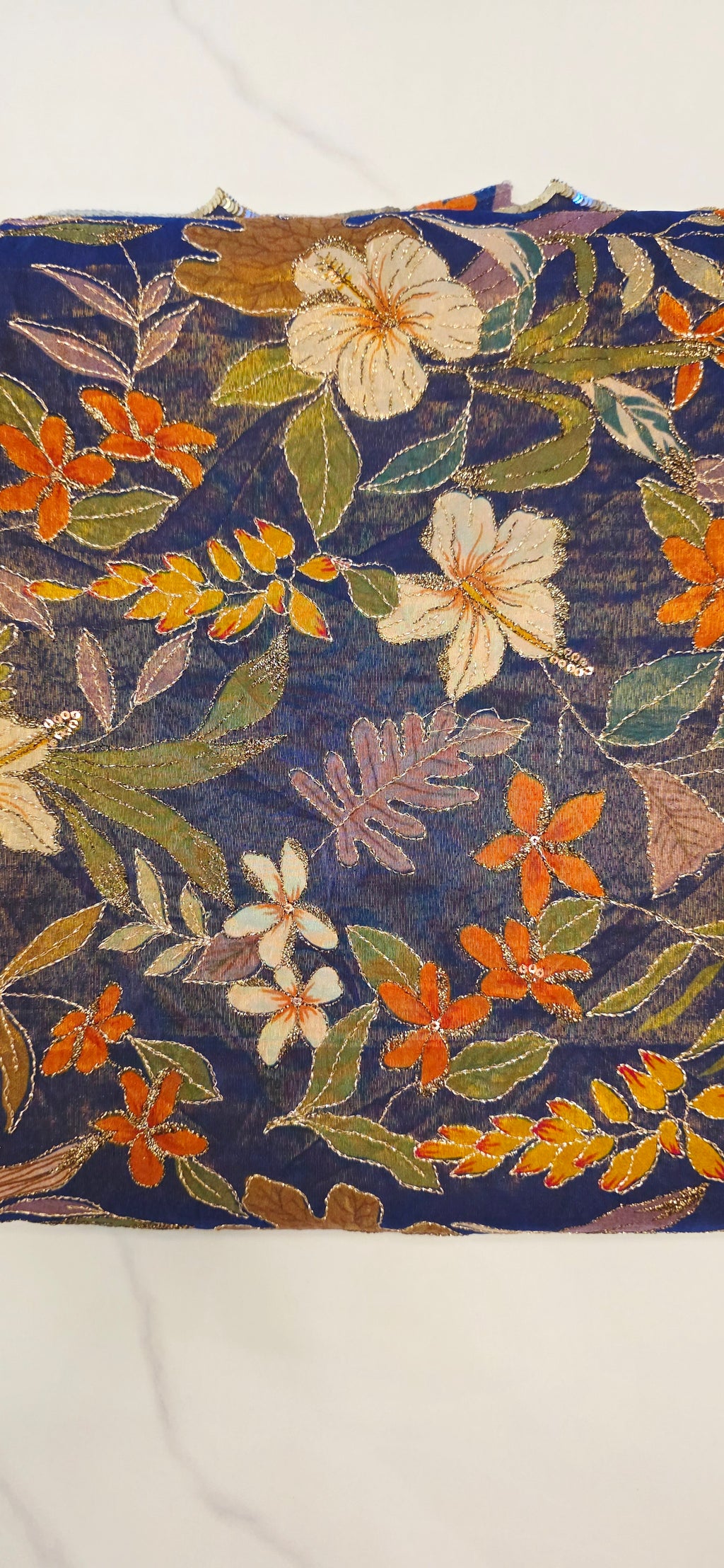 Navy Blue Floral Theme Tissue Georgette Saree with handwork border