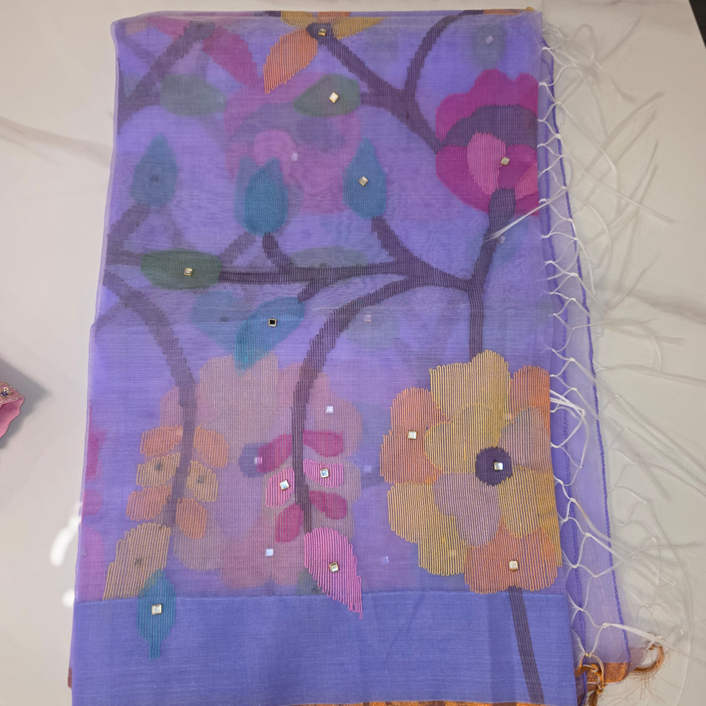 Womens Muslin Jamdani Saree with Kundan Highlights and designer blouse