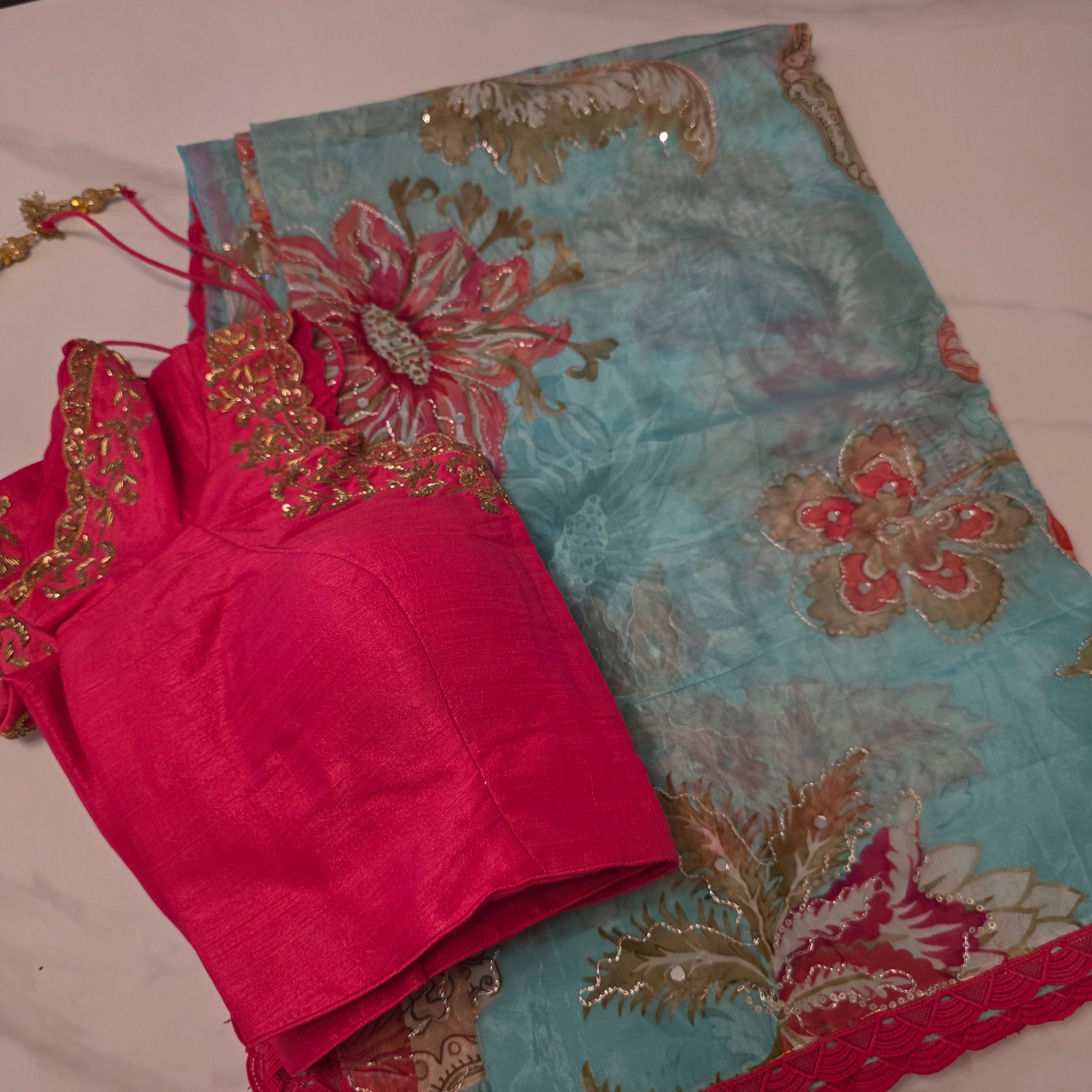 Light Blue Shiny Viscious Organza Saree paied with beautiful Maggam work Blouse