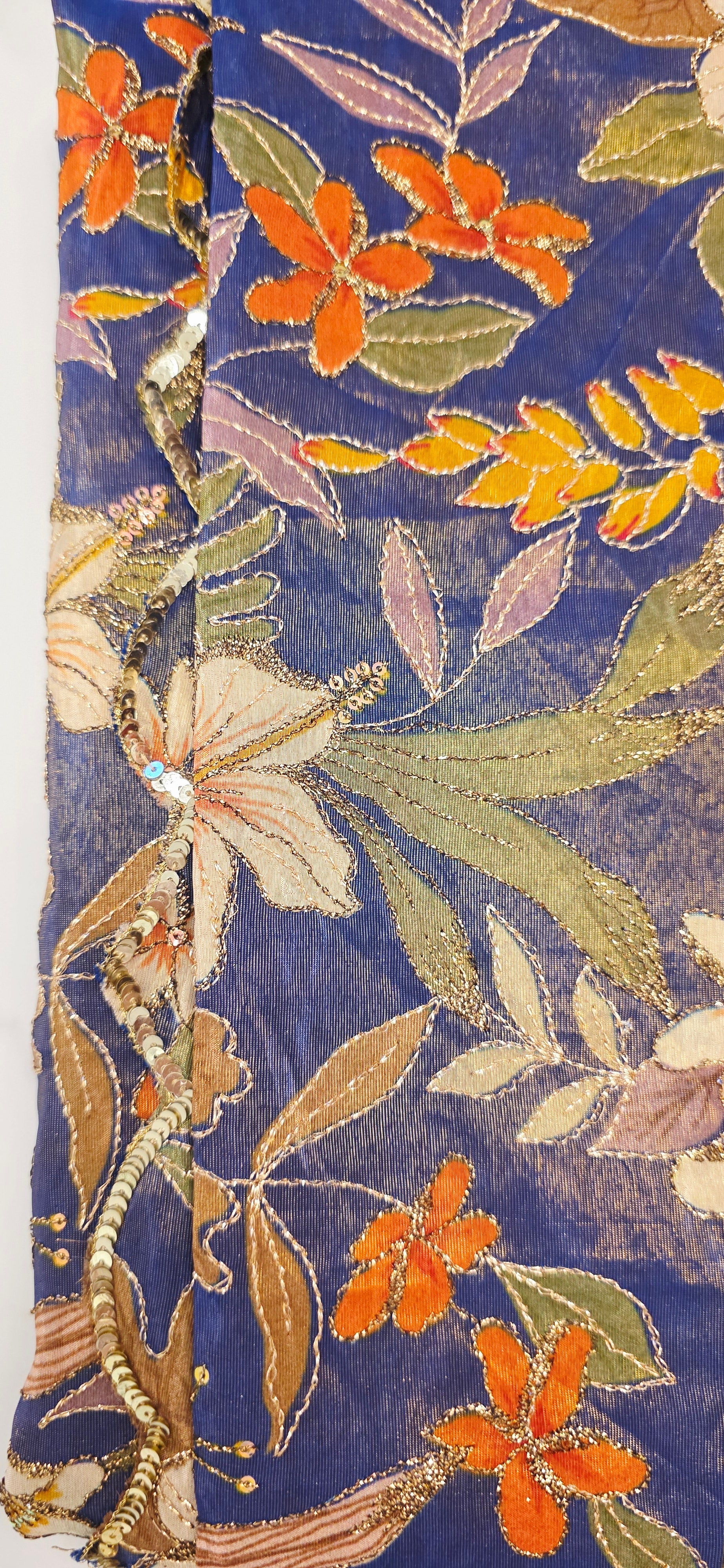 Navy Blue Floral Theme Tissue Georgette Saree with handwork border