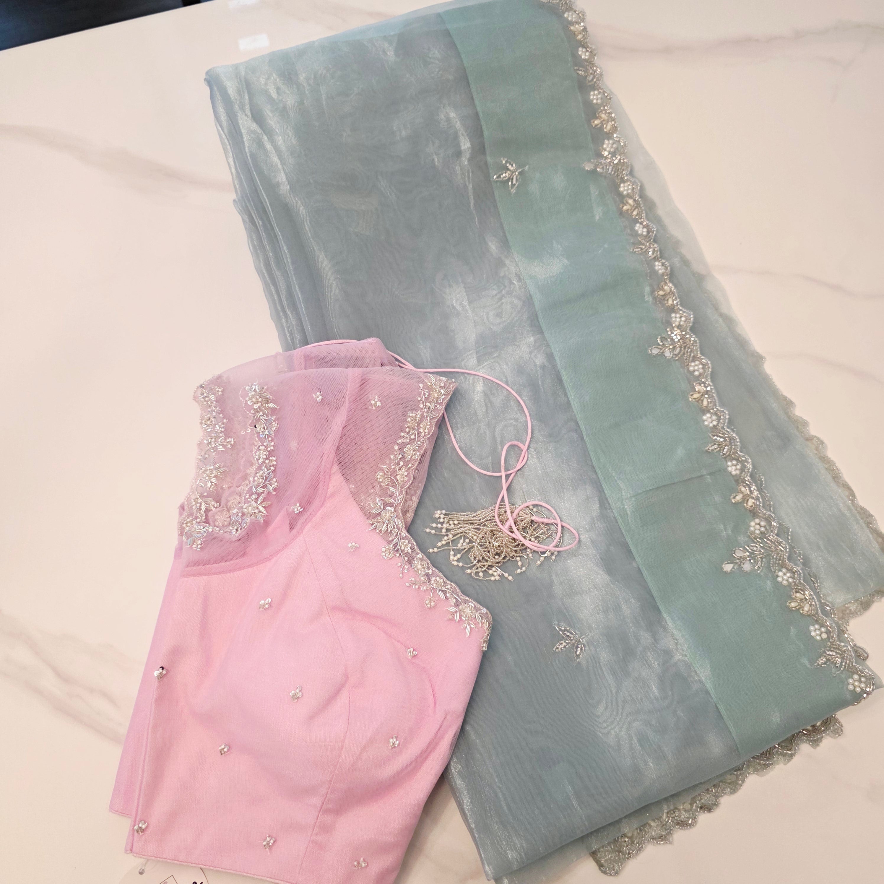 Seagreen Organza Glass Tissue With Mirror Work and BabyPink Net Blouse