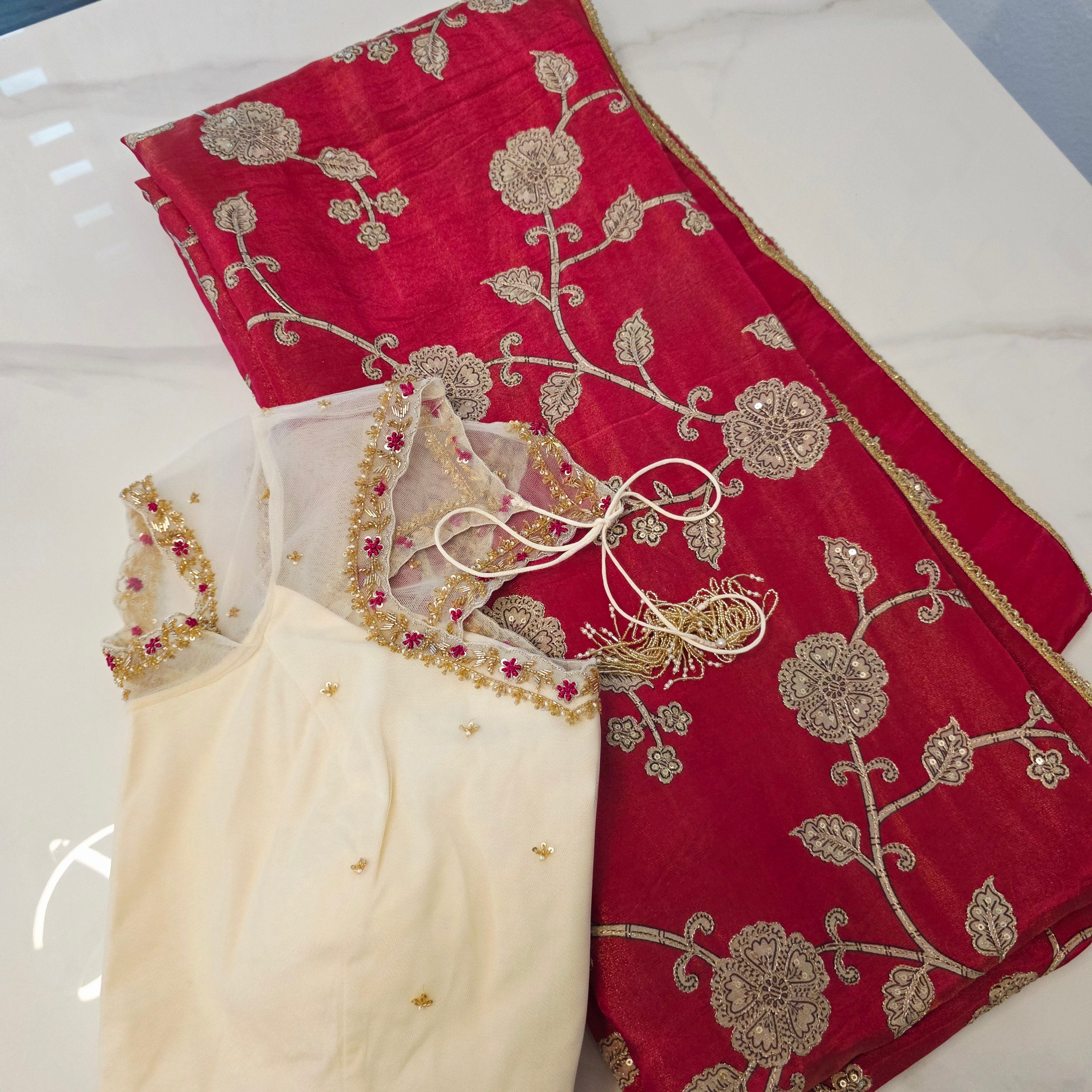 Pink Tissue Saree With Kalamkari Applique Work and Beautiful Net Blouse