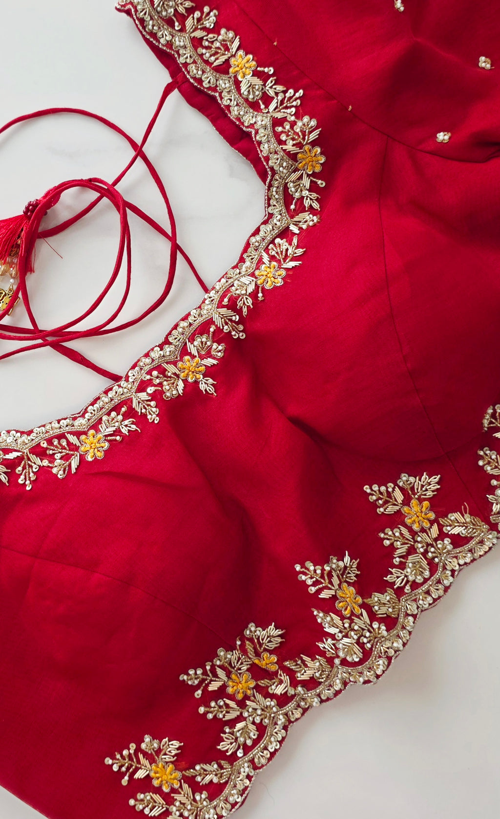 Womens Pure Banaras Kora Jamdani Sarees in Red Paired with Heavy Maggam Work Blouse