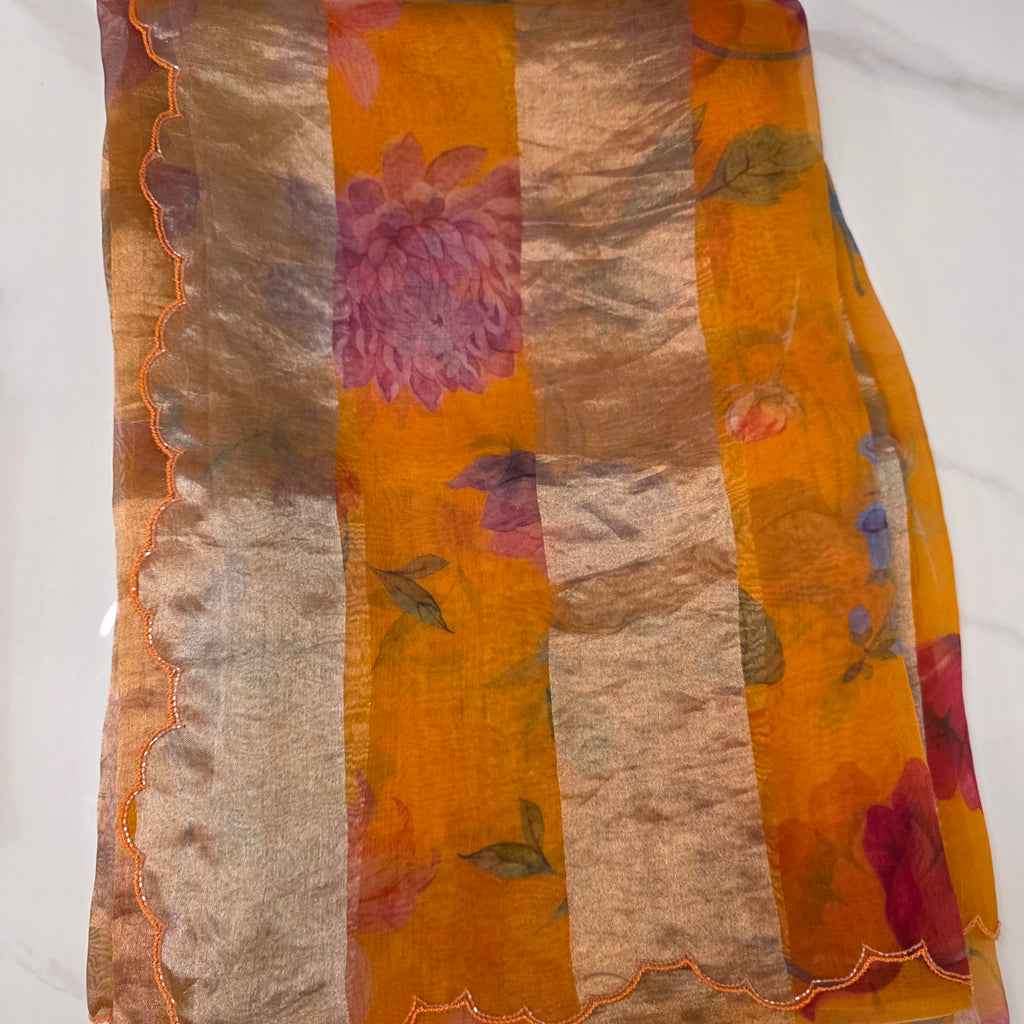 Latest Pure Organza Orange Colour Saree With Stripes with Heavy Blouse