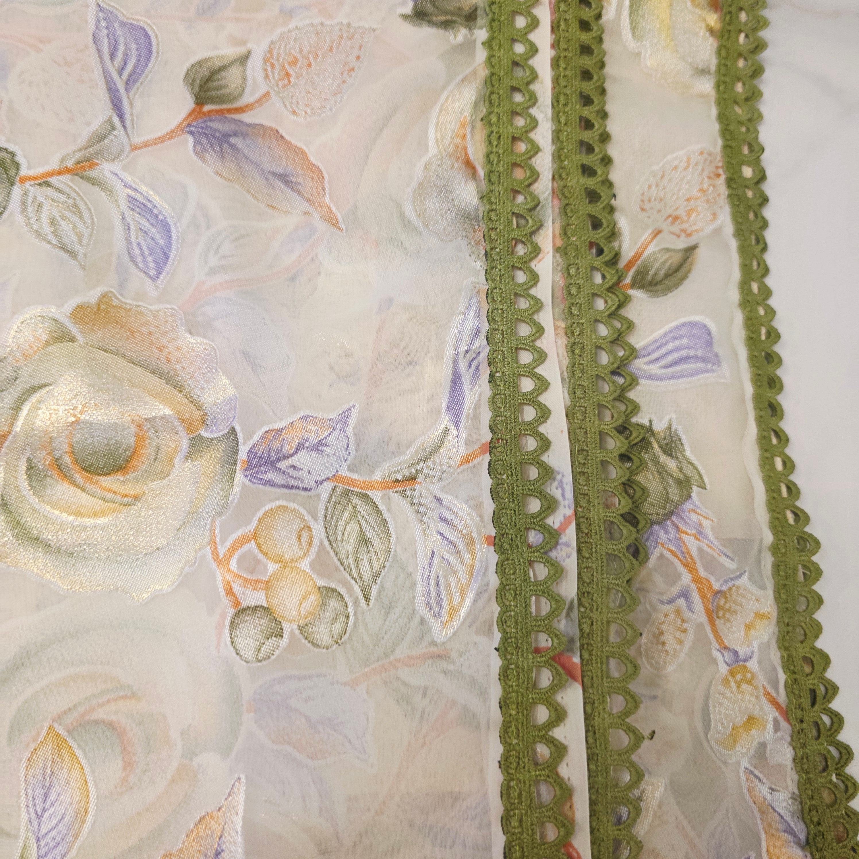 Milky White and Green Brasso Saree with Crush Maggam work blouse