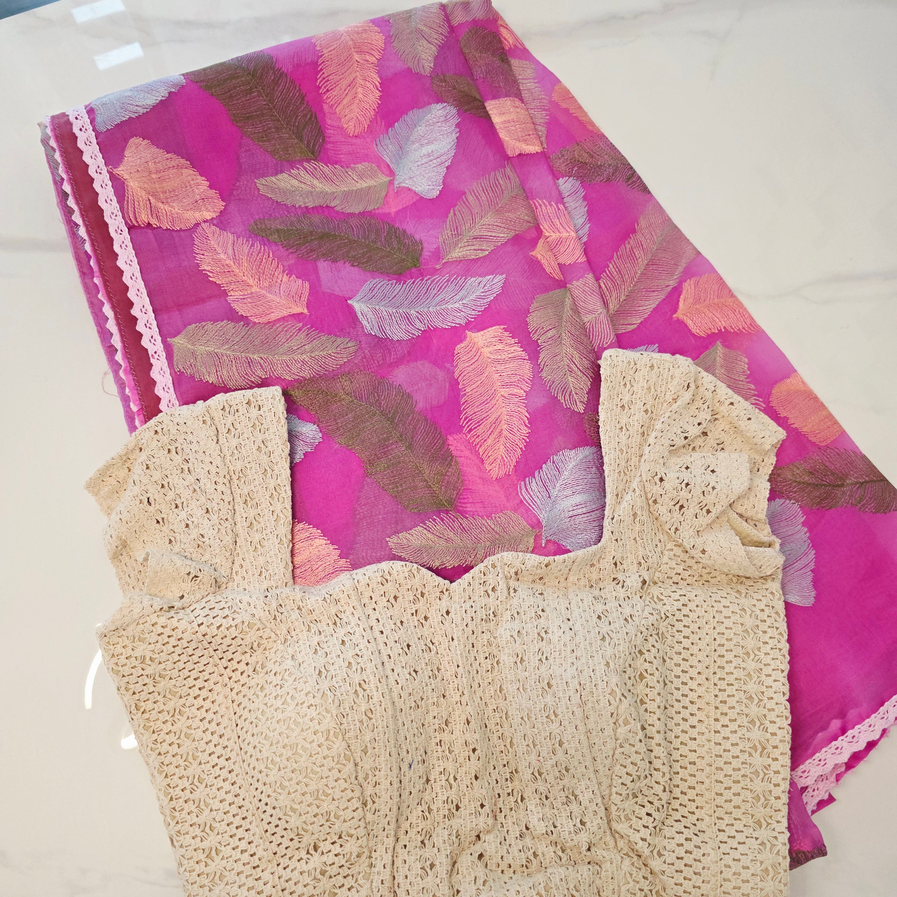 Pink Organza Saree With Leaf Embroidery Allover and Lace Blouse