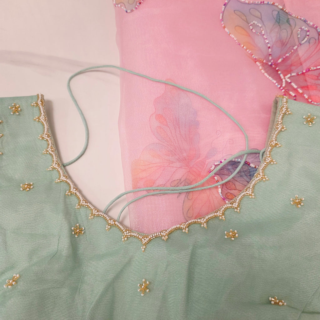 Babypink glass organza butterfly saree with Pistagreen netblouse