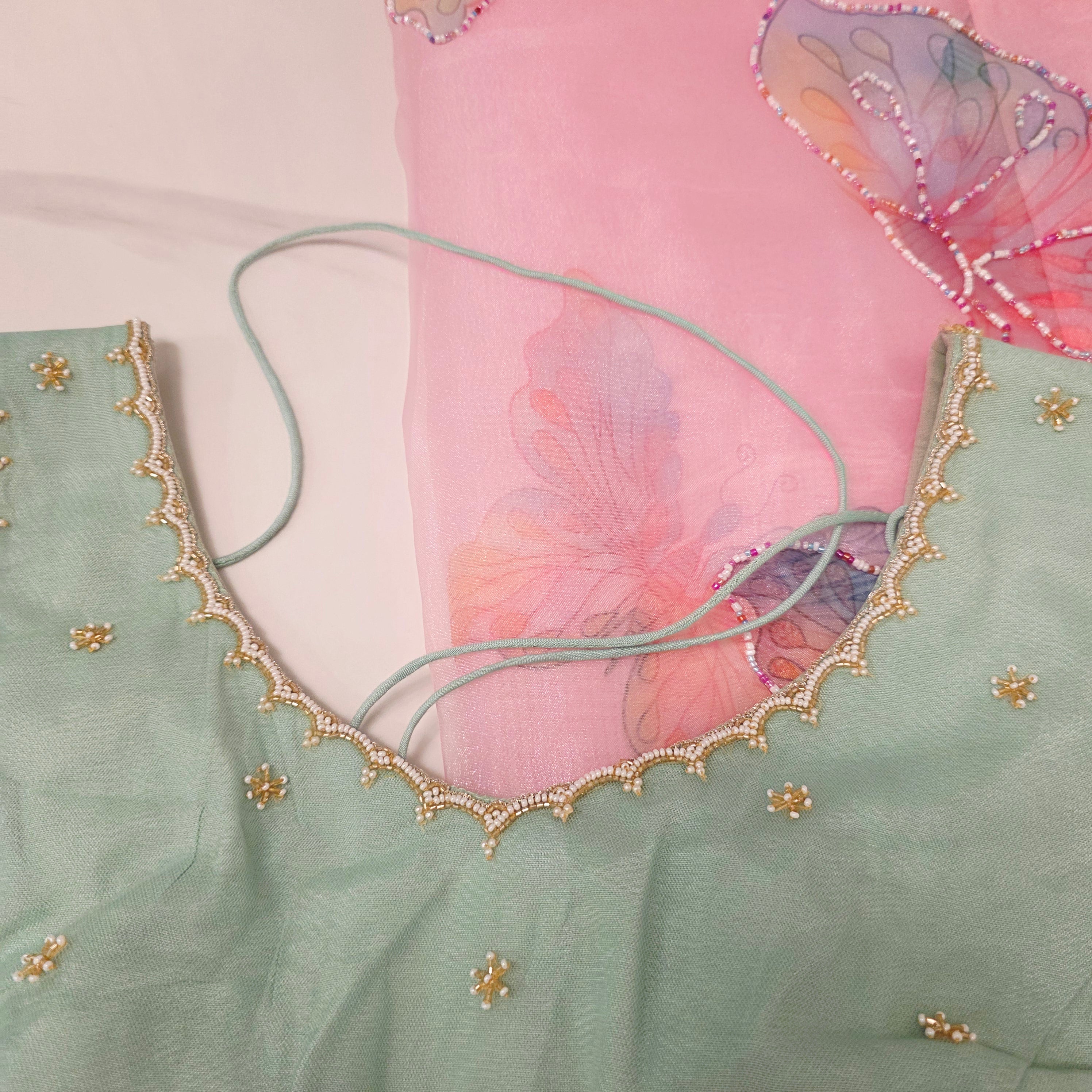 Babypink glass organza butterfly saree with Pistagreen netblouse