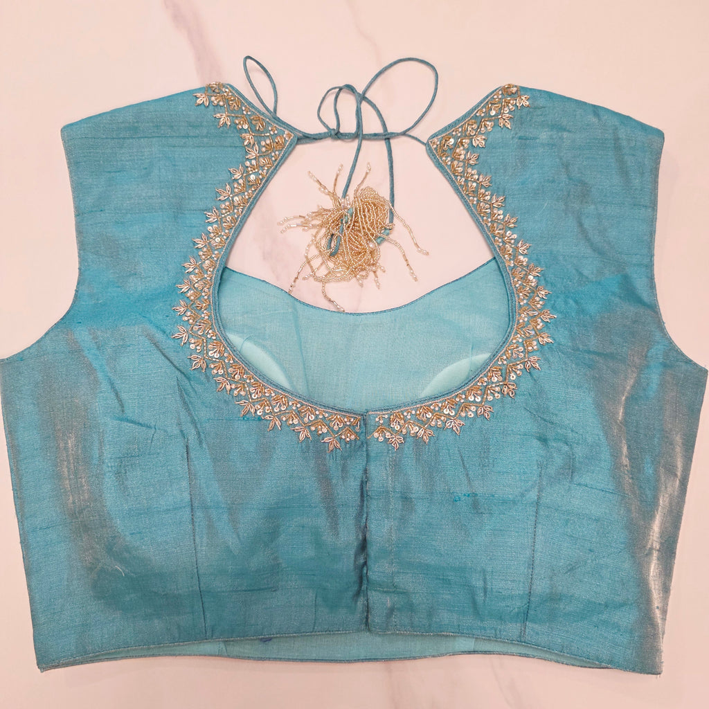 Baby Pink Sequin Georgette Saree With Skyblue Blouse