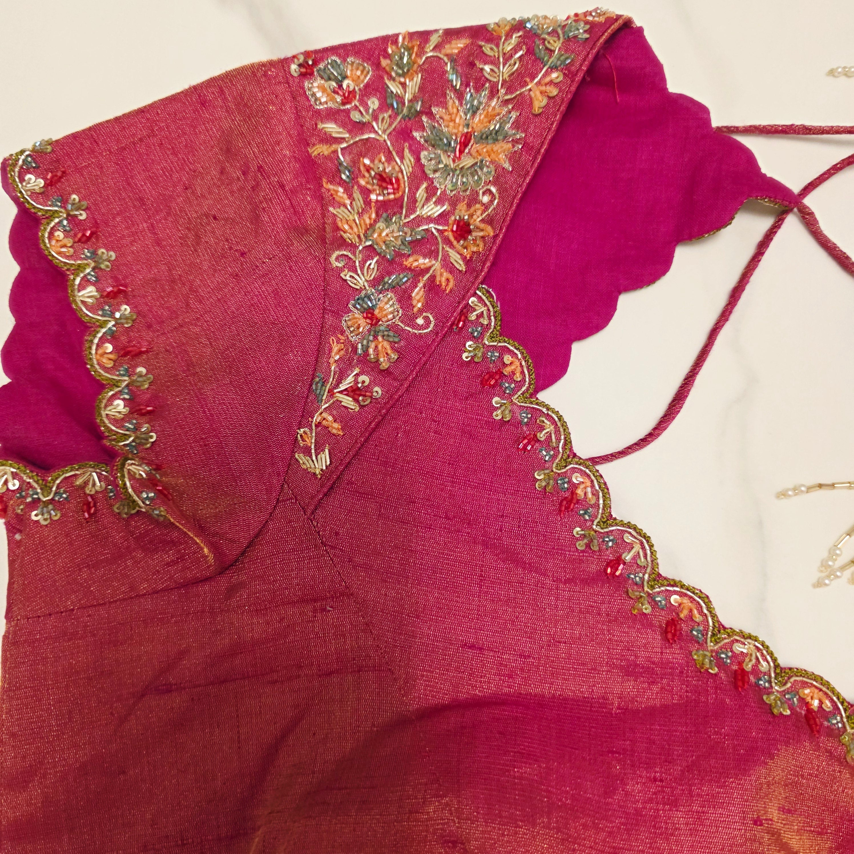 Green Stripes Premium Organza Saree with Cutwork borders paired with Tissue Rawsilk Maggam Blouse