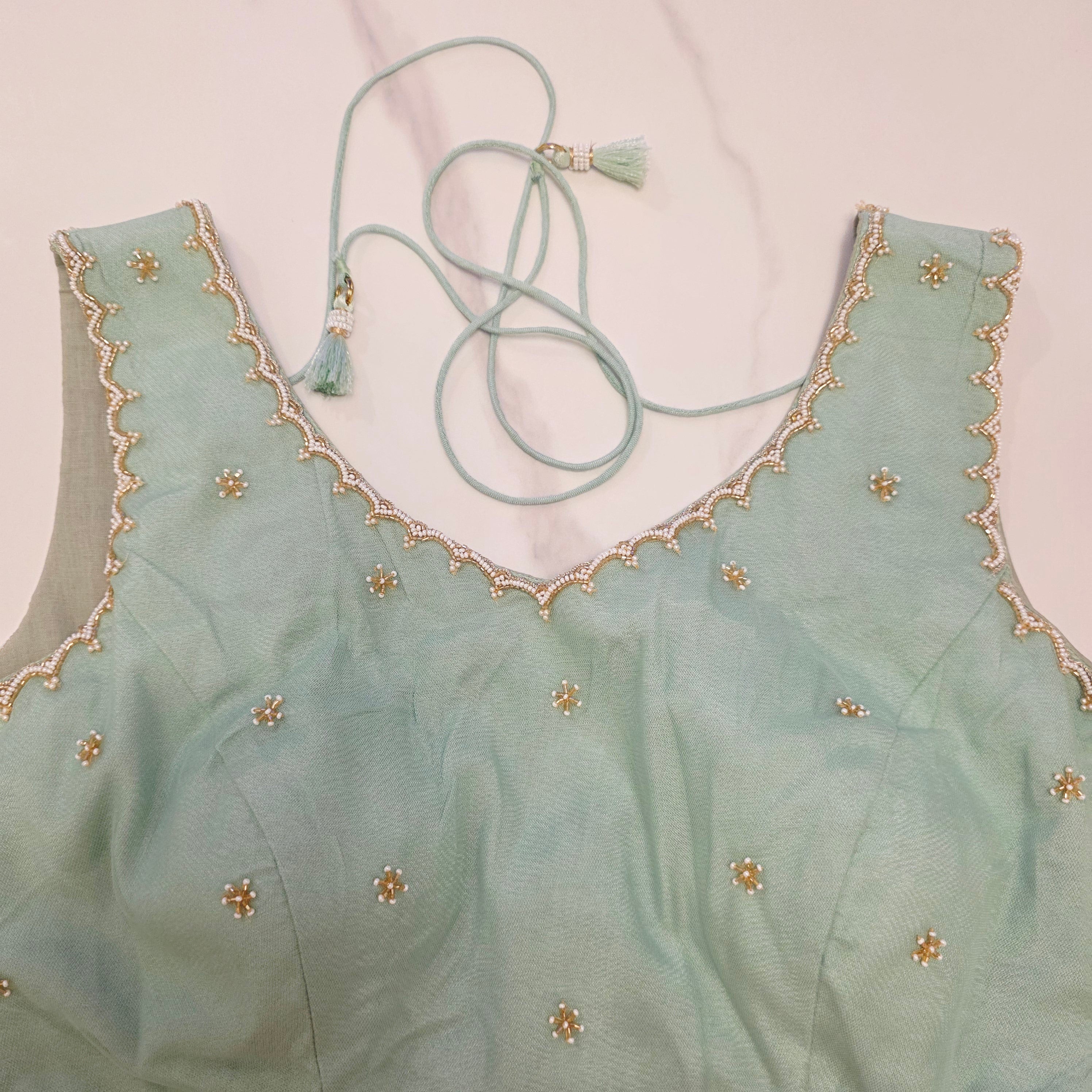 Babypink glass organza butterfly saree with Pistagreen netblouse