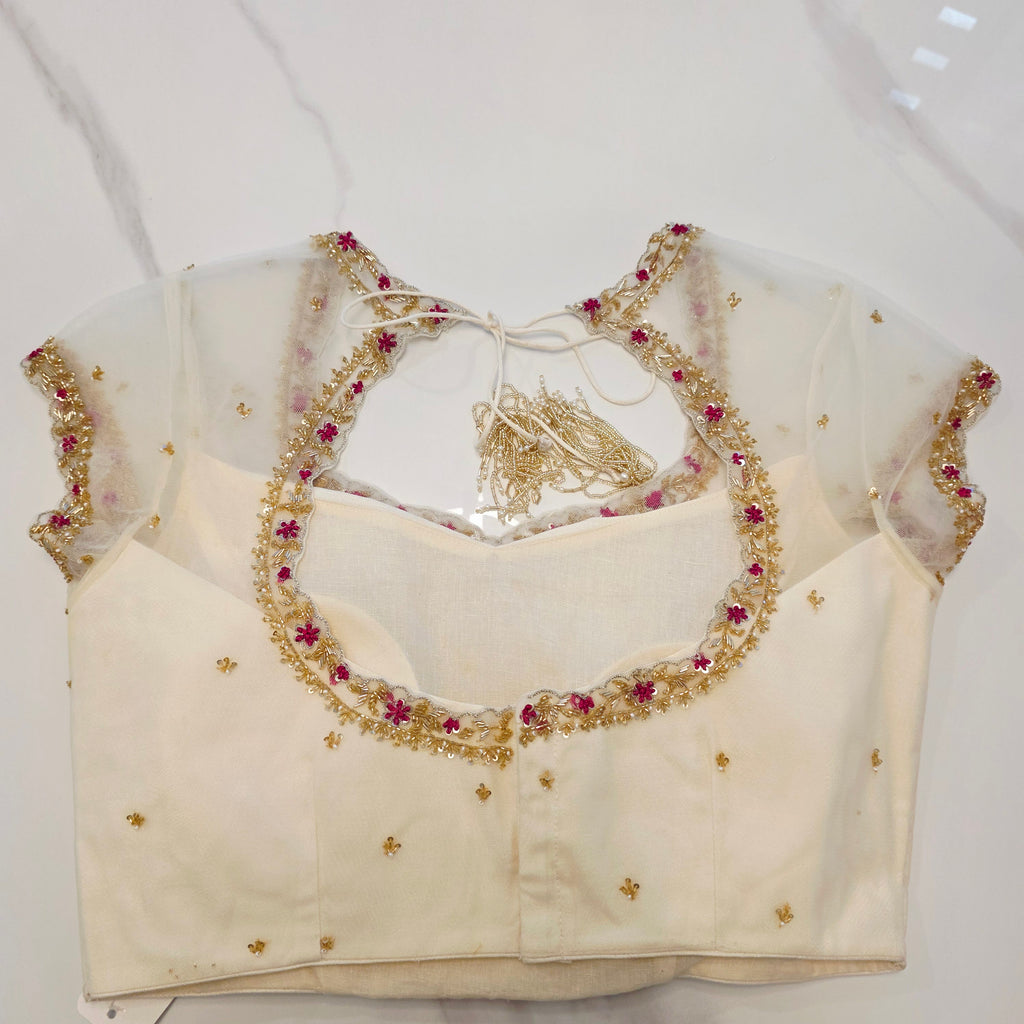 Pink Tissue Saree With Kalamkari Applique Work and Beautiful Net Blouse