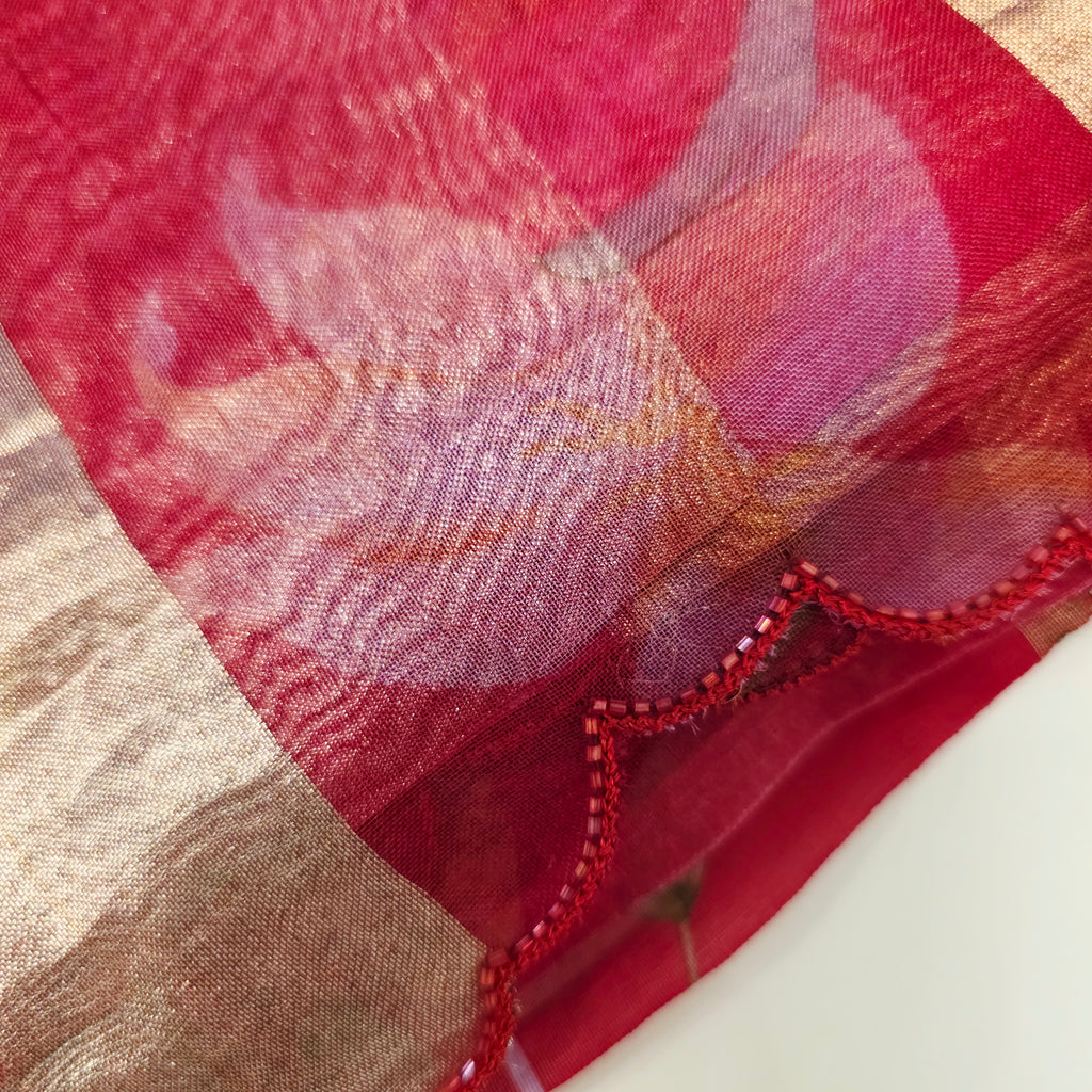 Latest Trendy Pure Organza Stripes Saree in Red Colour paired with Cute Blouse