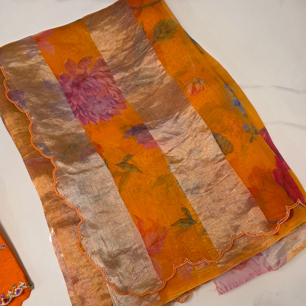 Latest Pure Organza Orange Colour Saree With Stripes with Heavy Blouse