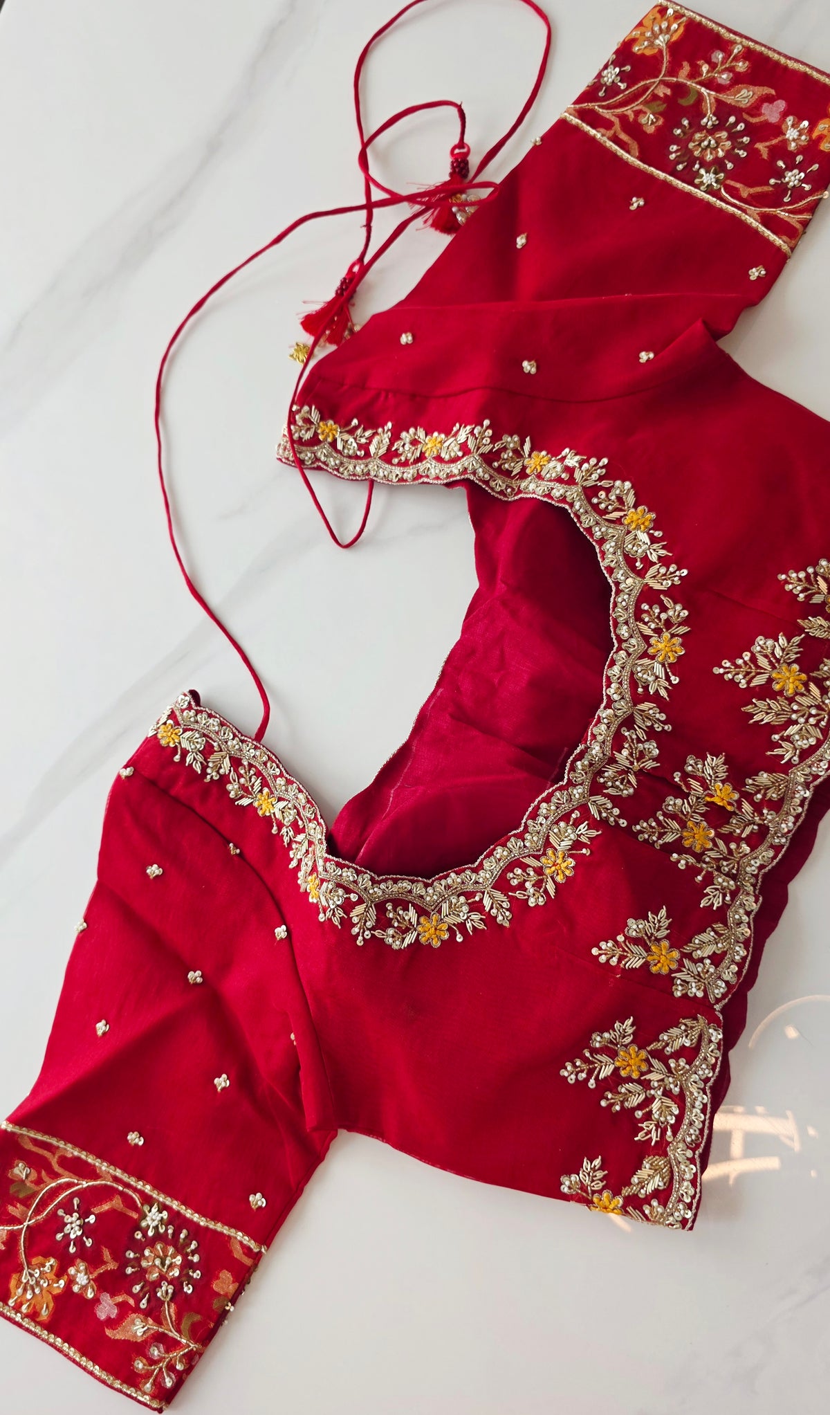 Womens Pure Banaras Kora Jamdani Sarees in Red Paired with Heavy Maggam Work Blouse