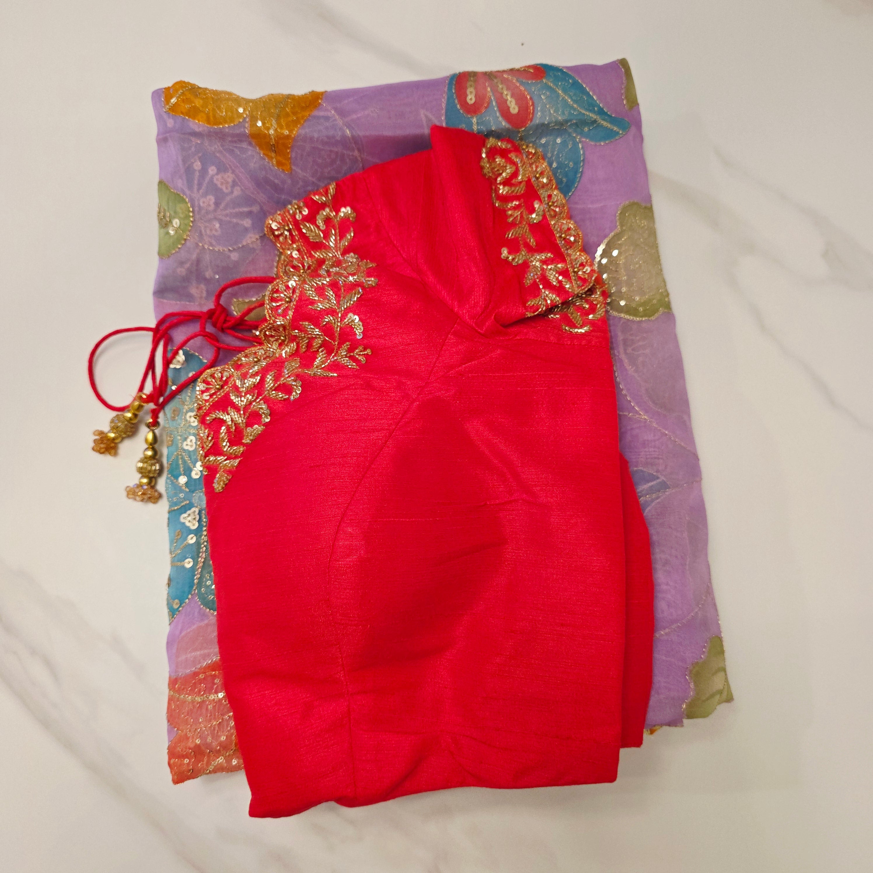 Purple Latest and Trendy Saree with Floral Hibiscus theme in paired with cute short sleeve blouse