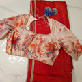 Rote Chanderi Tissue-Streifen-Saree mit geblümter Designer-Bluse