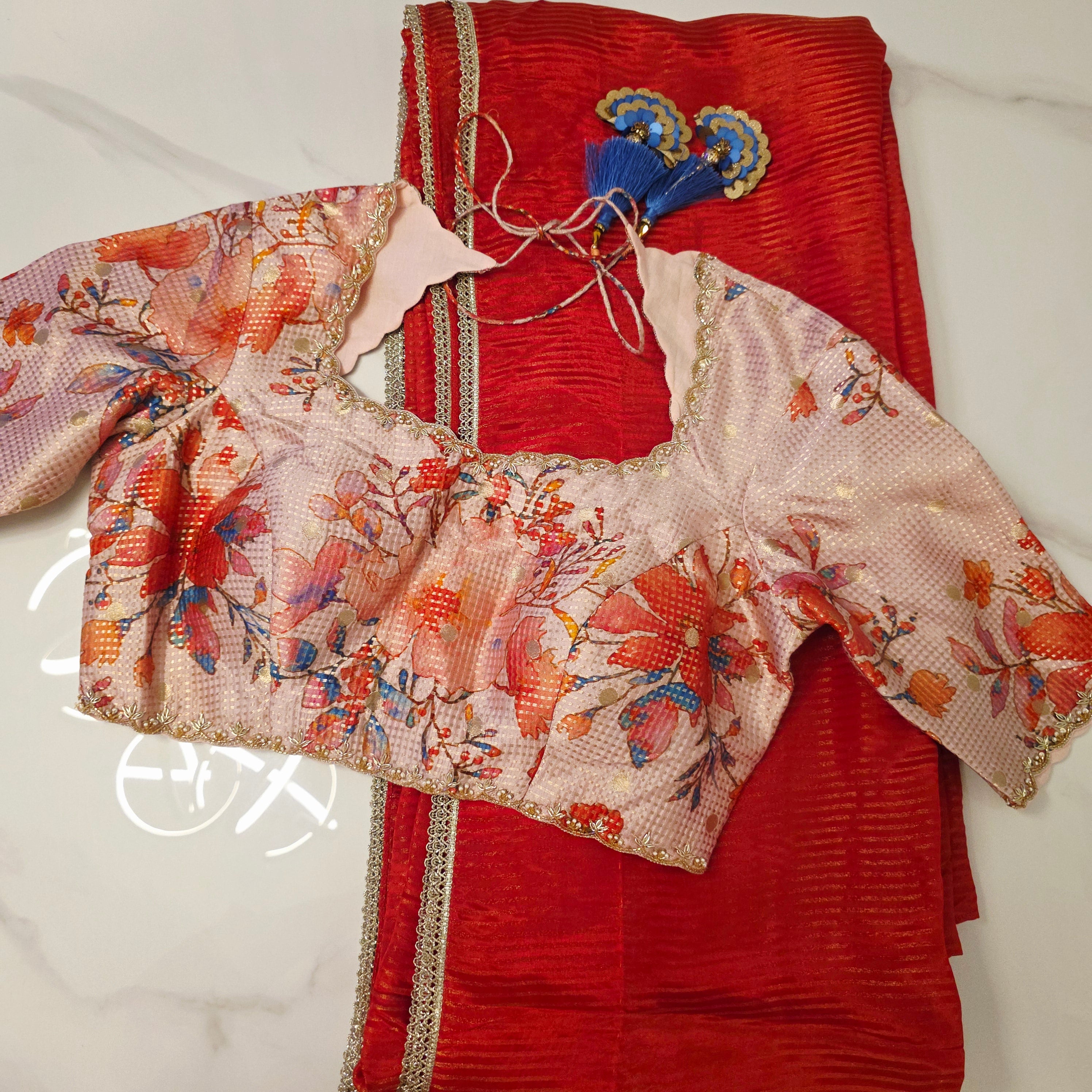 Red Chanderi Tissue Stripes Saree With Floral Designer Blouse