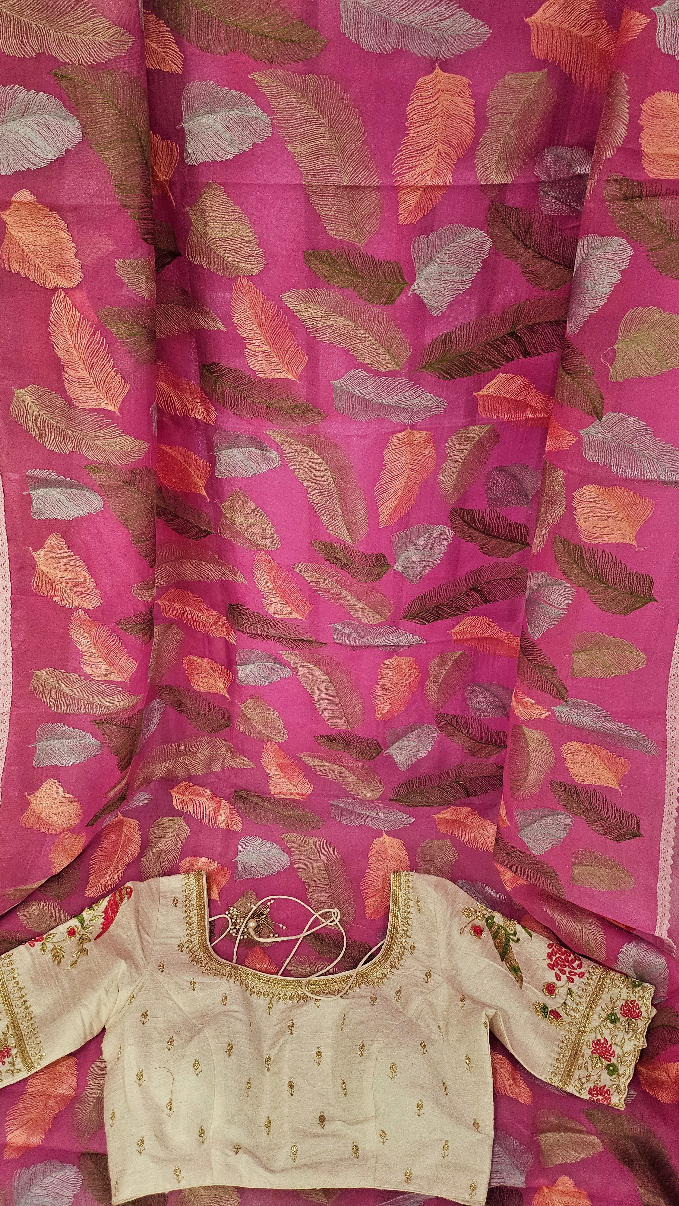 Pink Organza Leaf Embroided Saree with Designer Maggam Work Blouse