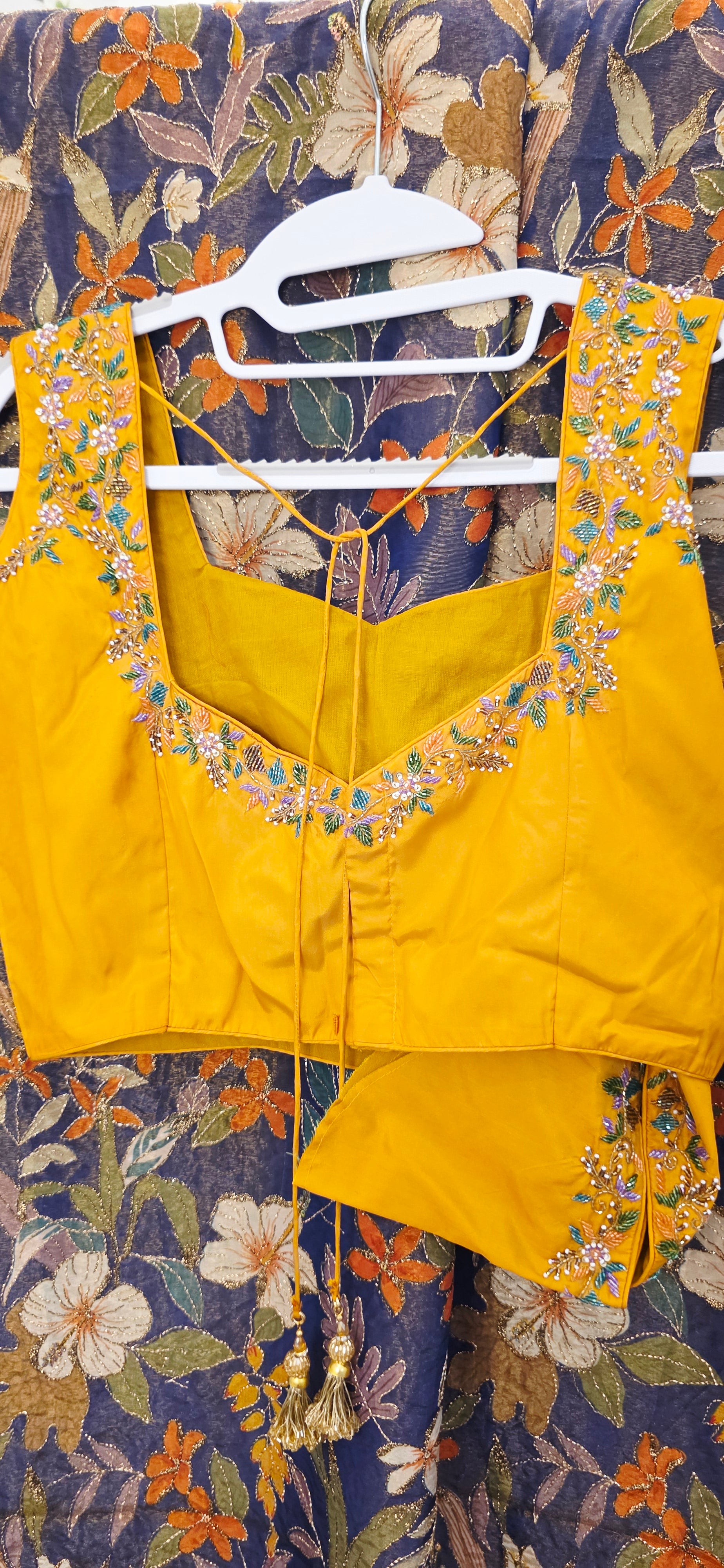 Navy Blue Floral Theme Tissue Georgette Saree with handwork border