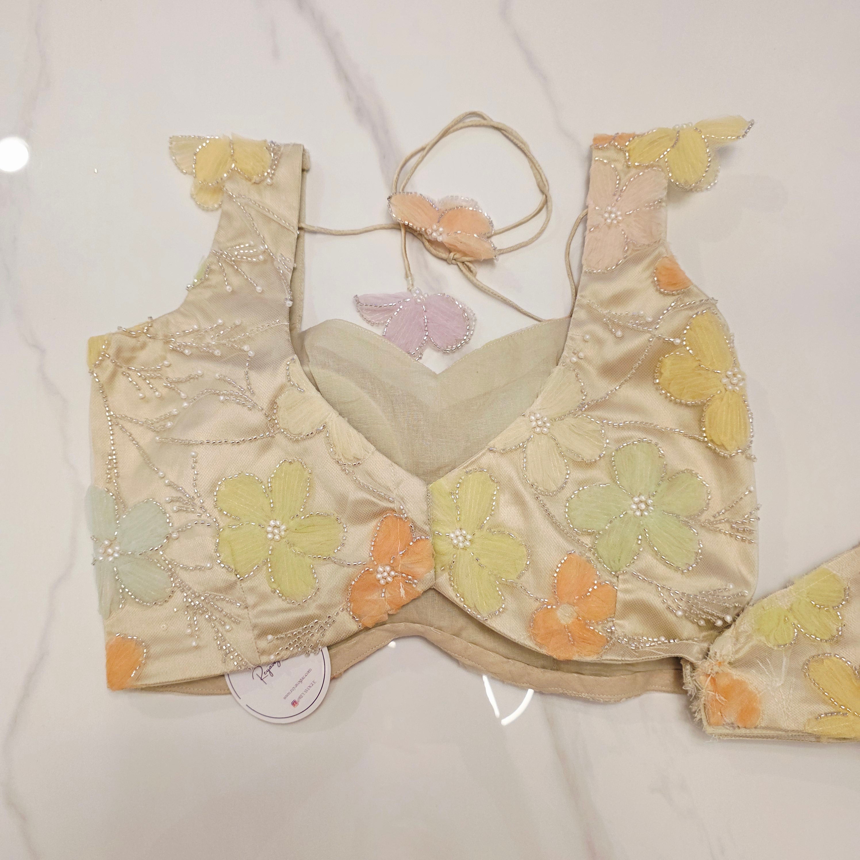 Parrot Green Tissue Saree With 3D Floral Blouse