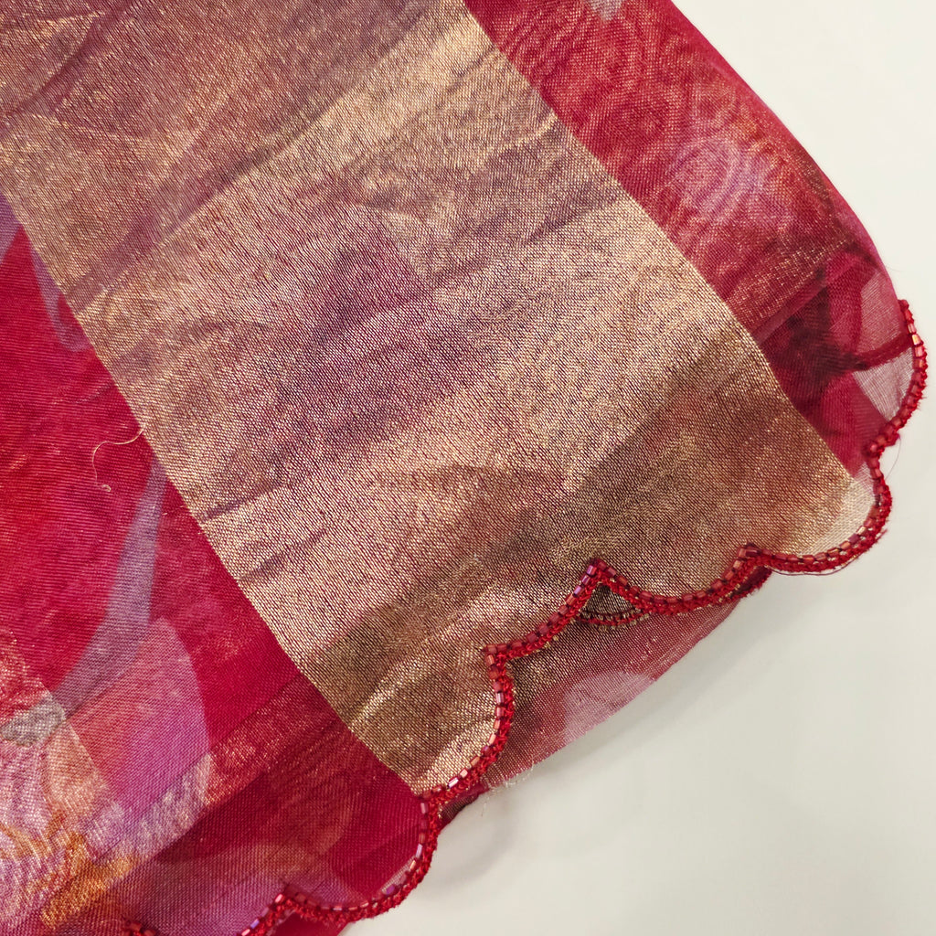 Latest Trendy Pure Organza Stripes Saree in Red Colour paired with Cute Blouse