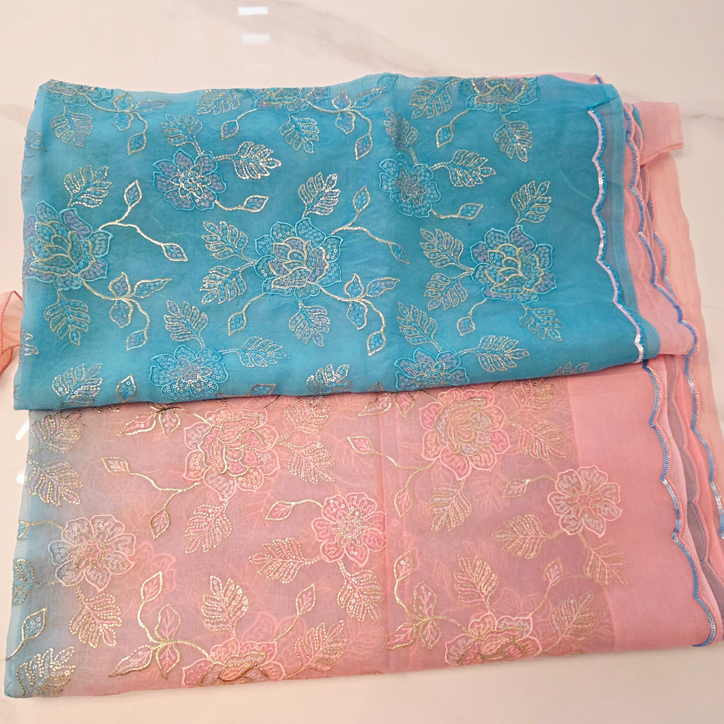 Pink and Blue Designer Saree with trending sleeves blouse.