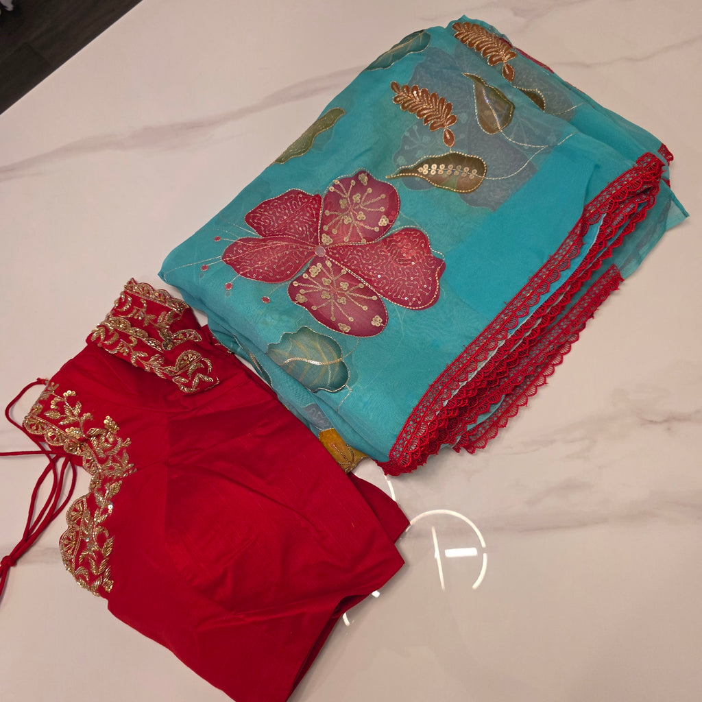 Teal Blue Oraganza Saree -Latest and Trendy with Floral Hibiscus theme paired with cute short sleeve blouse