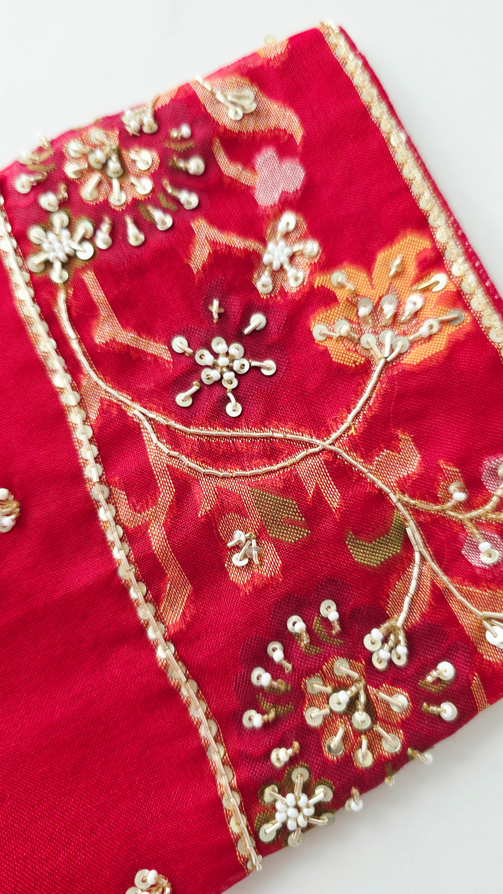 Womens Pure Banaras Kora Jamdani Sarees in Red Paired with Heavy Maggam Work Blouse