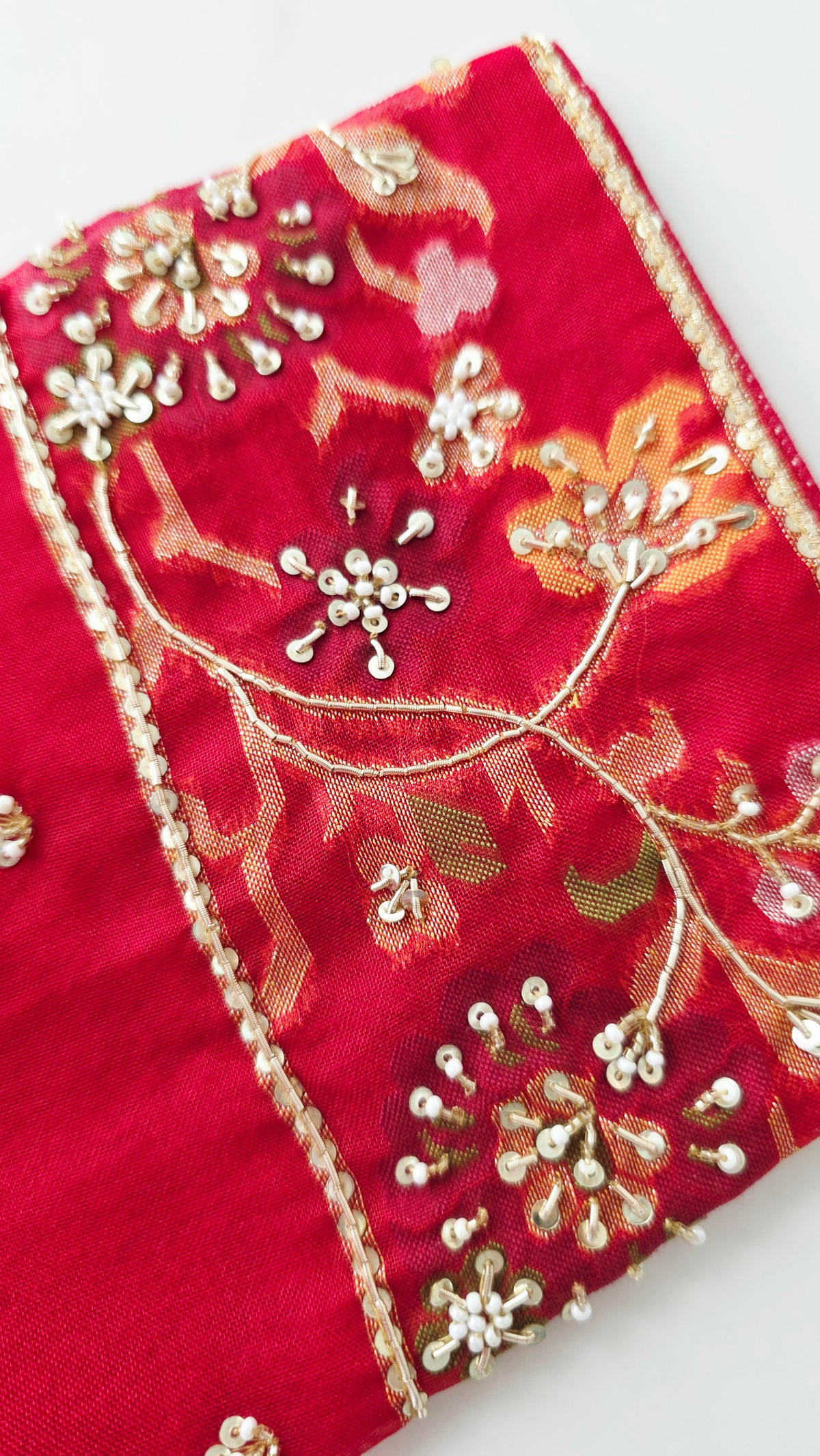 Womens Pure Banaras Kora Jamdani Sarees in Red Paired with Heavy Maggam Work Blouse
