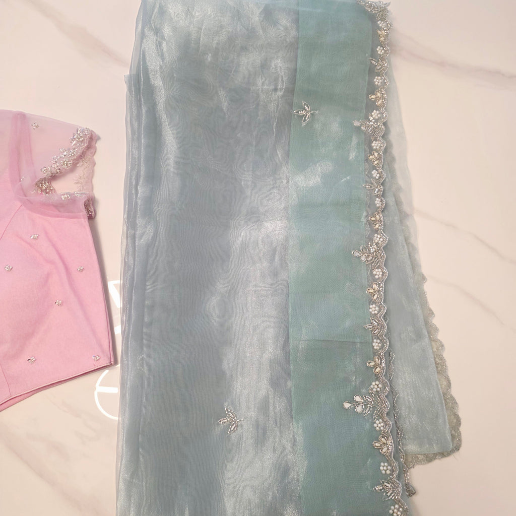 Seagreen Organza Glass Tissue With Mirror Work and BabyPink Net Blouse