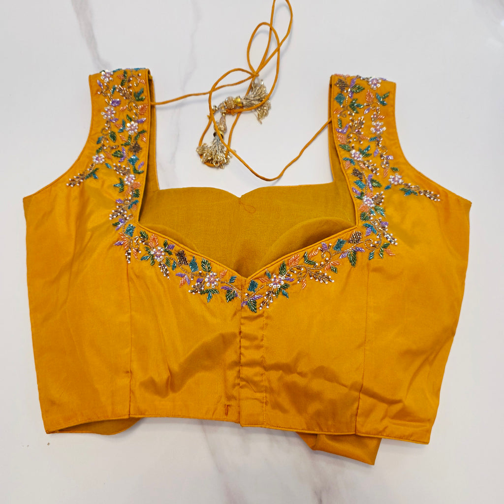 Light Pista Green Colour Cocktail Saree with all over floral sequins and yellow designer blouse