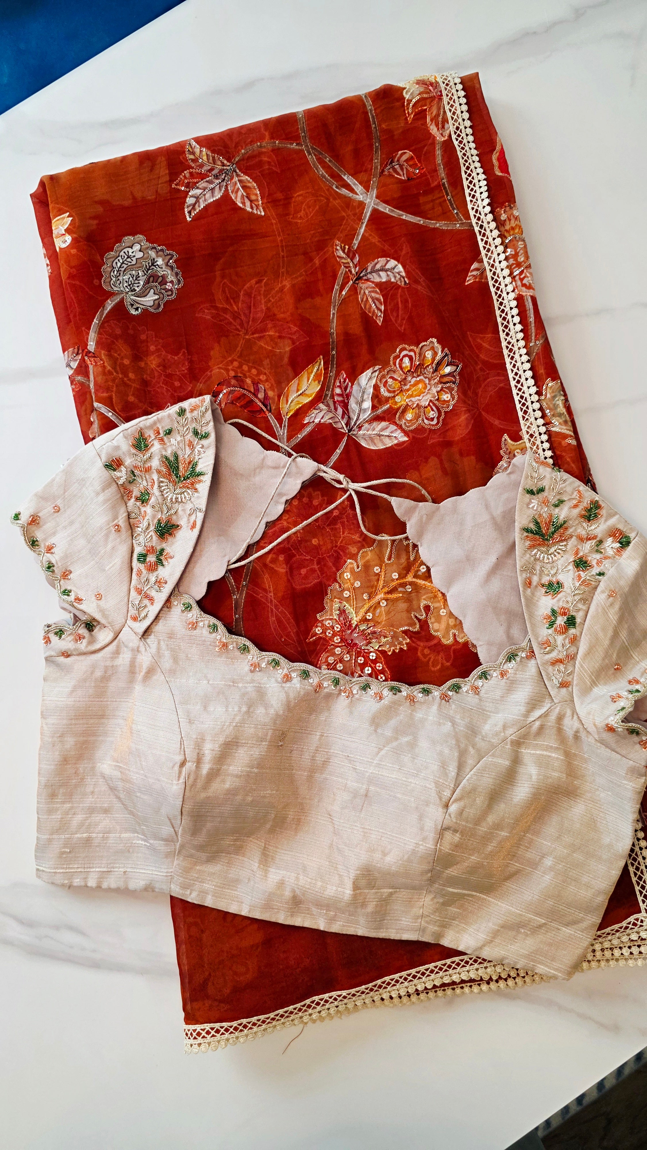 Womens Floral Viscious Organza Saree and Tissue Rawsilk Maggam work blouse