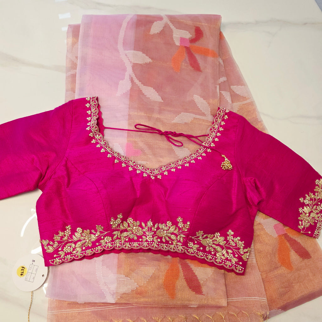 Reine Tissue Muslin Jamdani in Pink mit Designer-Hotpink-Bluse