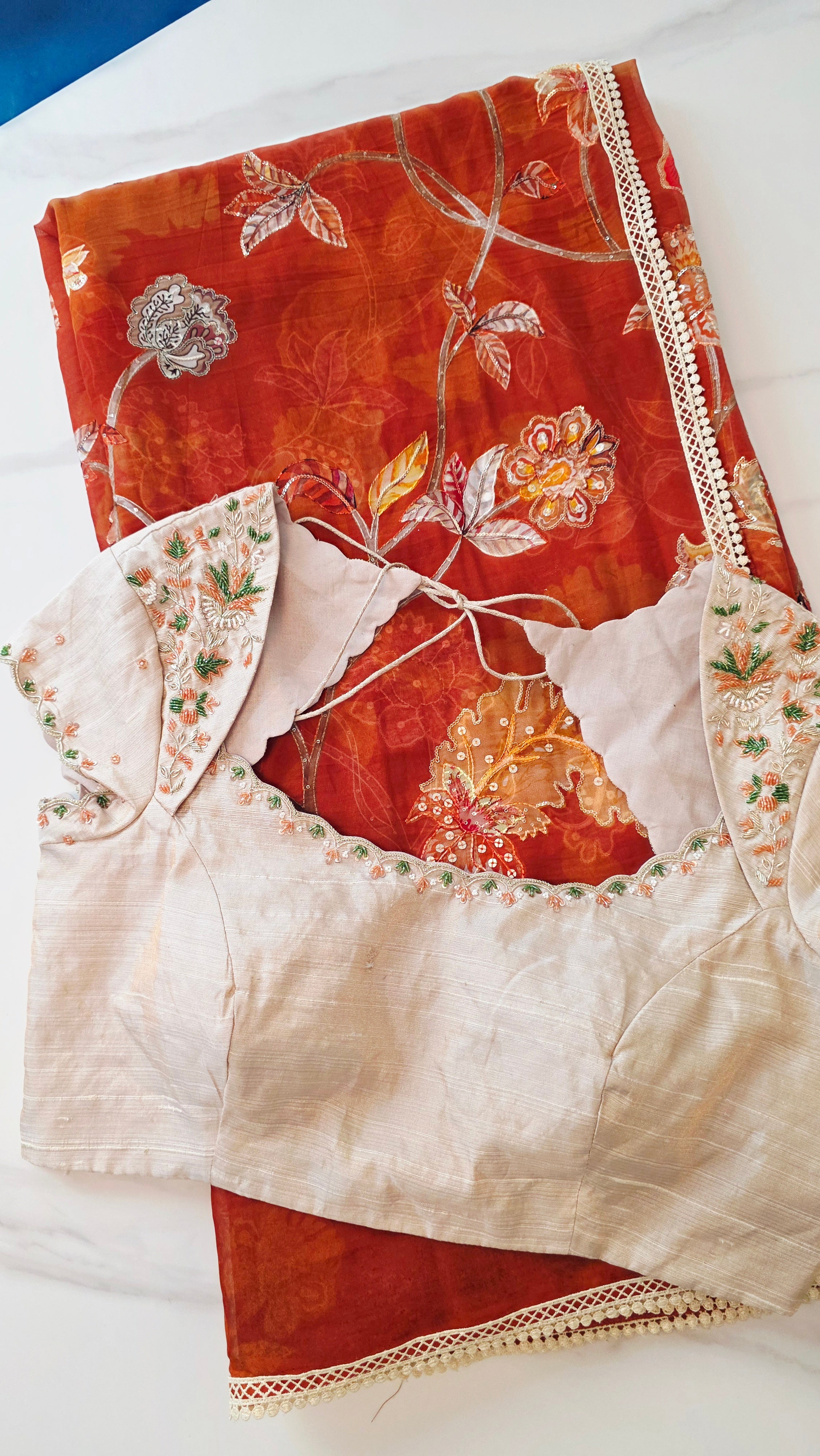 Womens Floral Viscious Organza Saree and Tissue Rawsilk Maggam work blouse