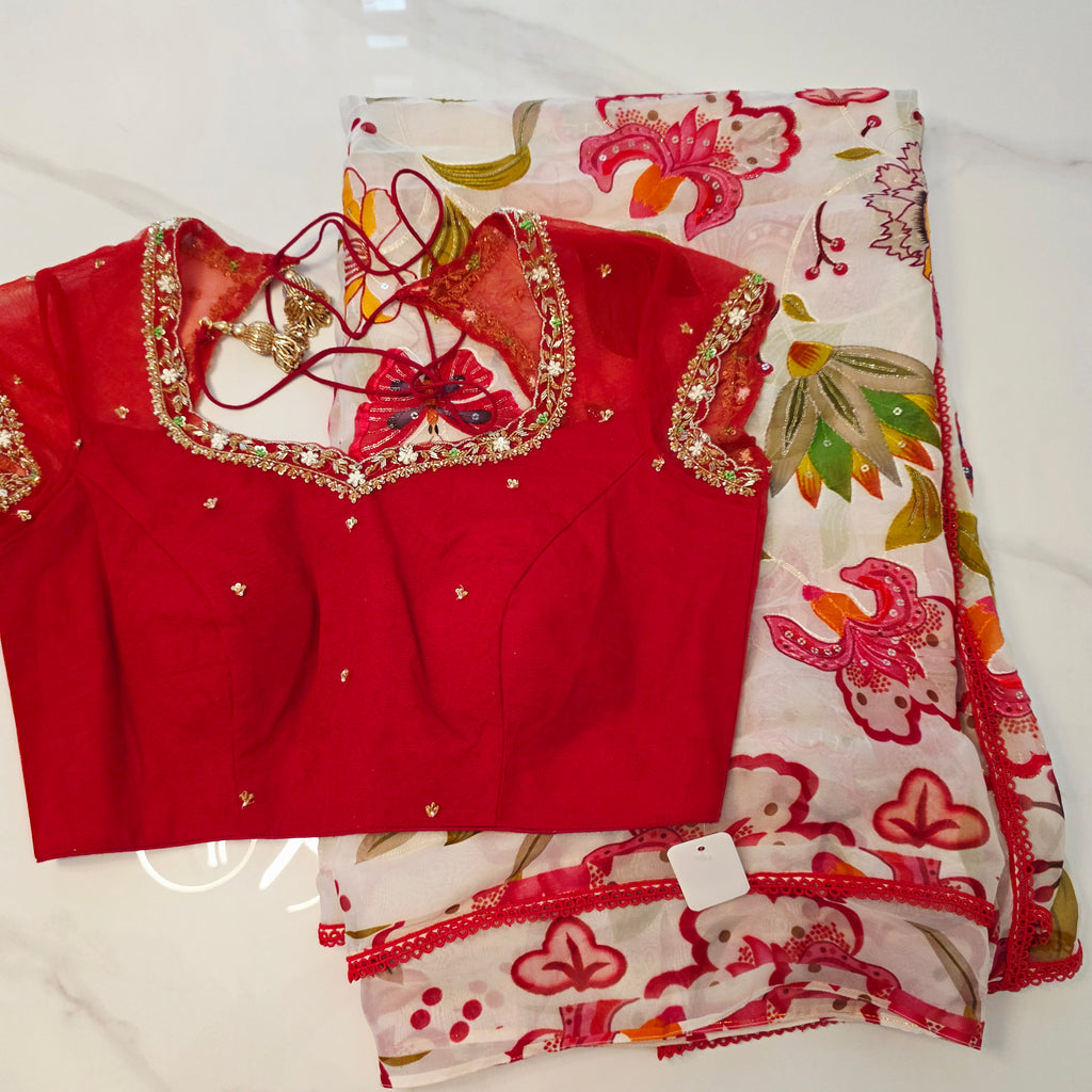 White Viscious Organza Saree with Floral pattern with Net designer Blouse