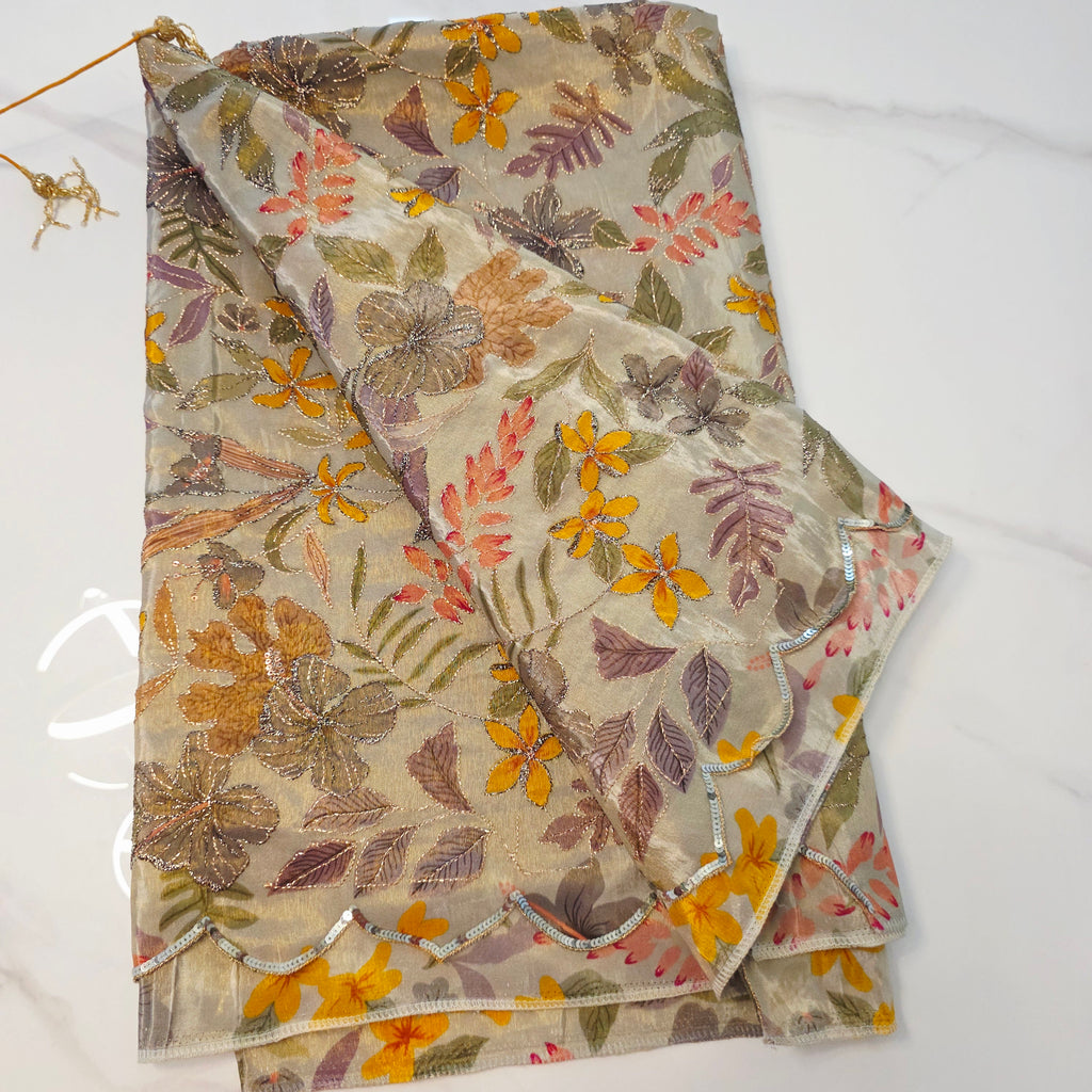 Light Pista Green Colour Cocktail Saree with all over floral sequins and yellow designer blouse