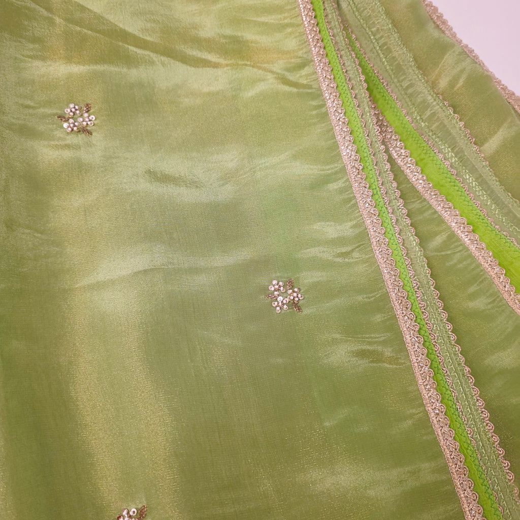 Parrot Green Tissue Saree With 3D Floral Blouse