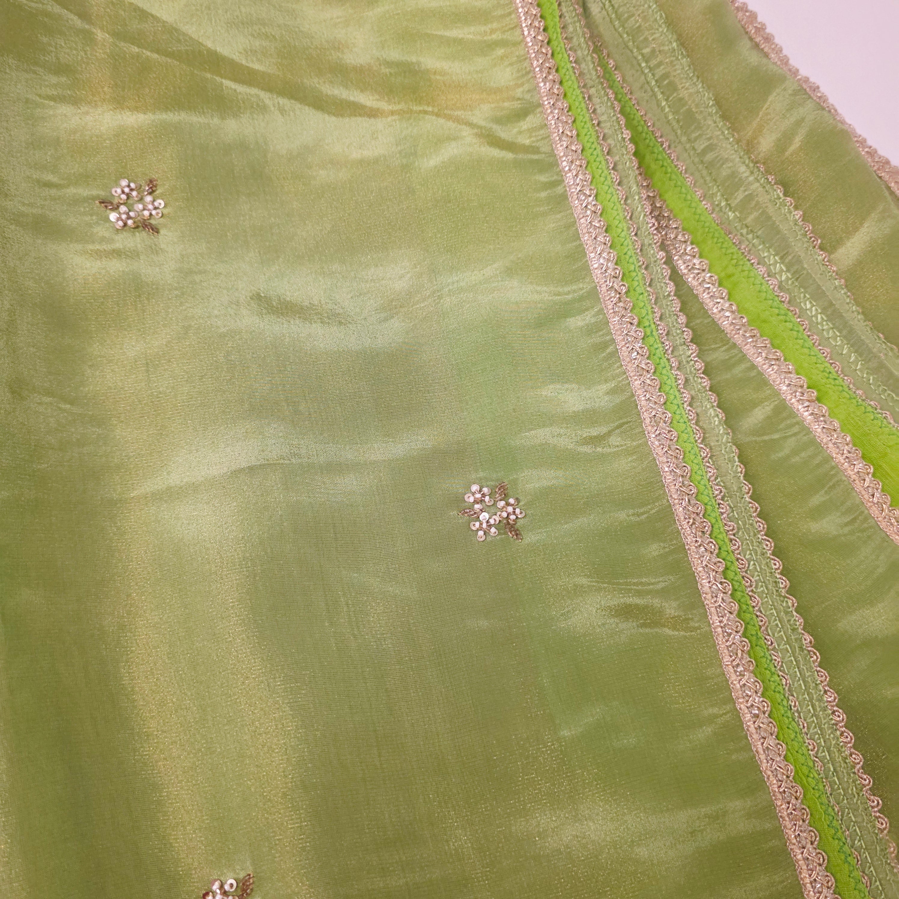 Parrot Green Tissue Saree With 3D Floral Blouse