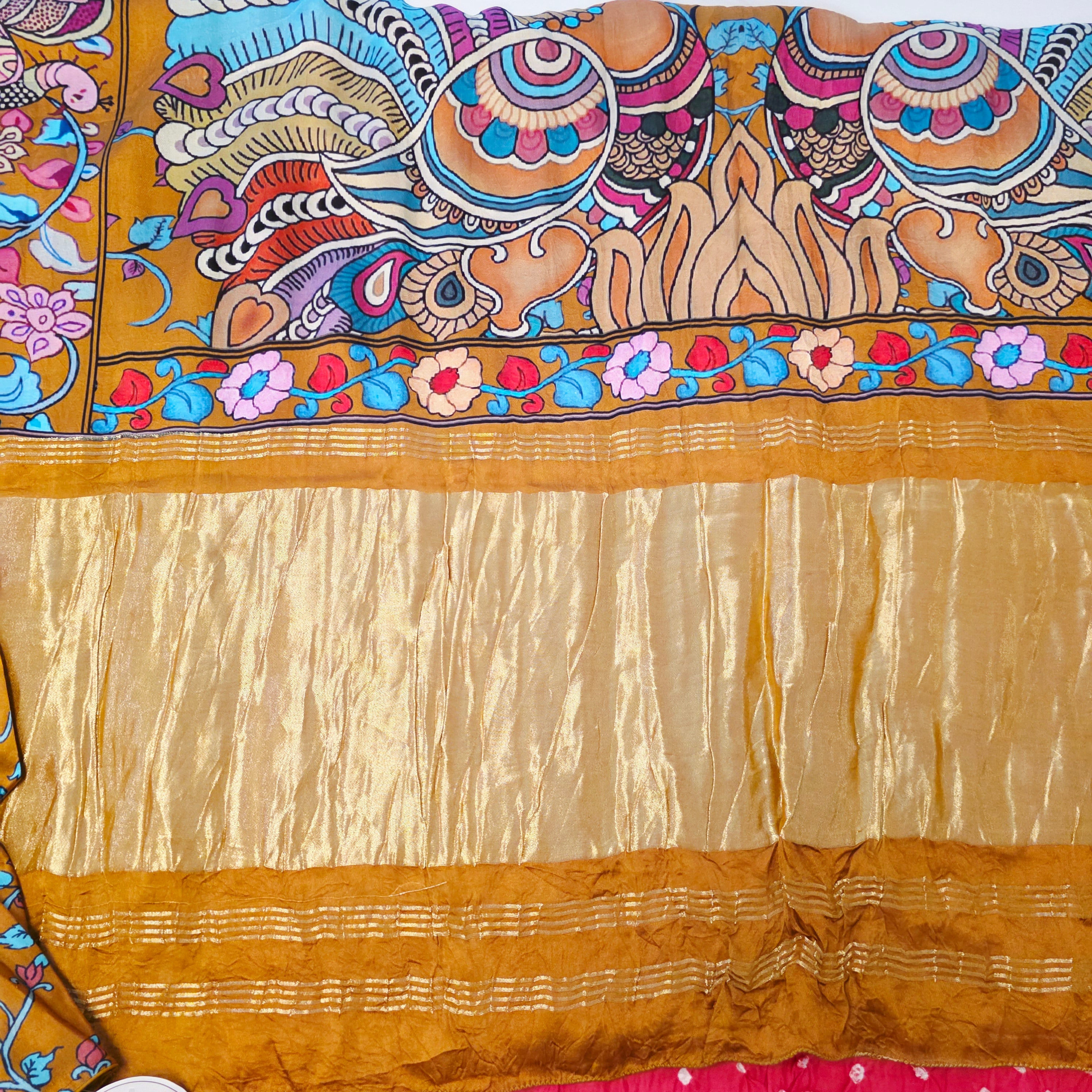 Red and Mustard Yellow- Pure Soft Premium Bandini Saree with Kalamkari Border with Trendy Blouse