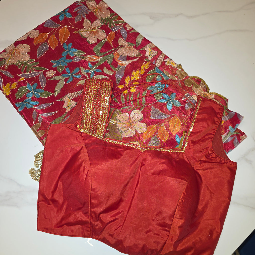 Red Designer Floral Highlited Tissue Georgette Saree and Designer Blouse