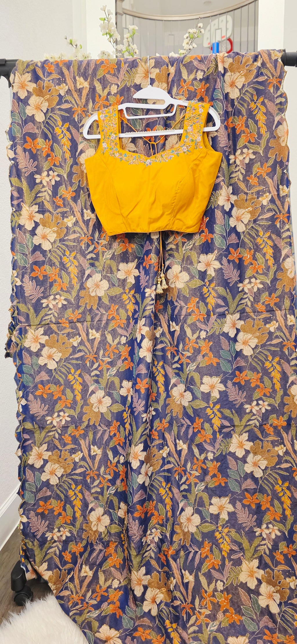 Navy Blue Floral Theme Tissue Georgette Saree with handwork border