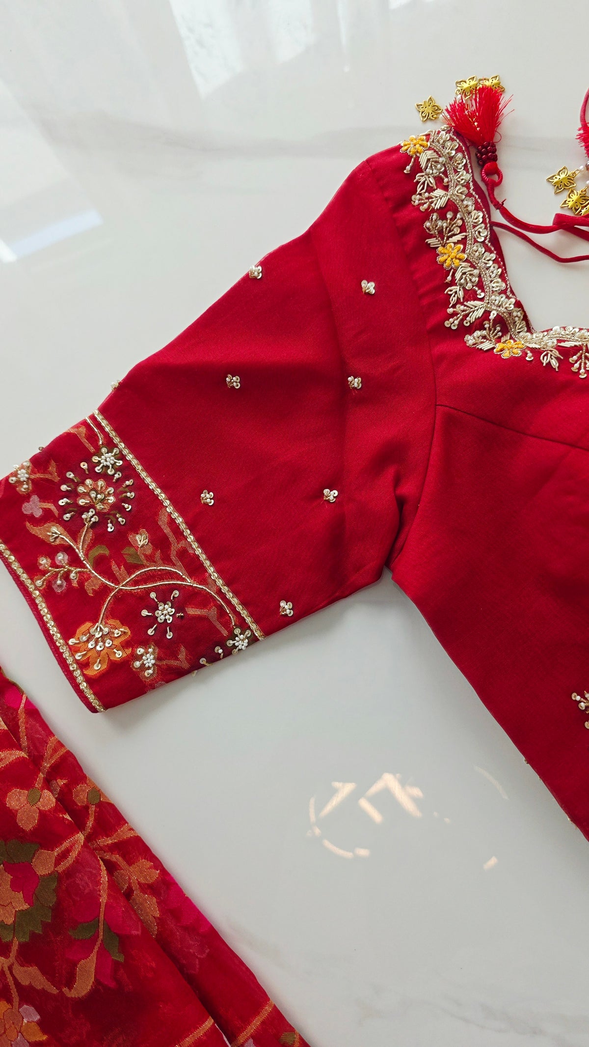 Womens Pure Banaras Kora Jamdani Sarees in Red Paired with Heavy Maggam Work Blouse